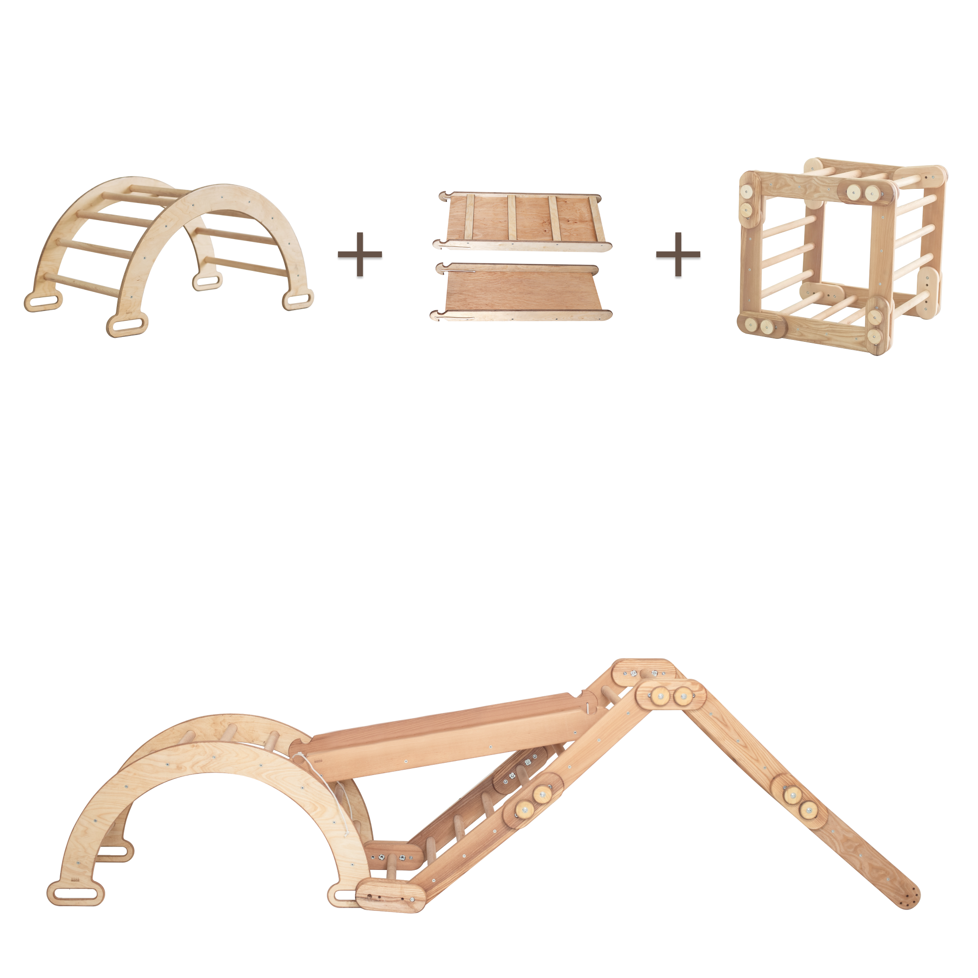 3in1 Montessori Climbing Snake Set: Snake Ladder + Slide/Ramp + Arch Climber – Beige 3in1 Playsets Goodevas Beige