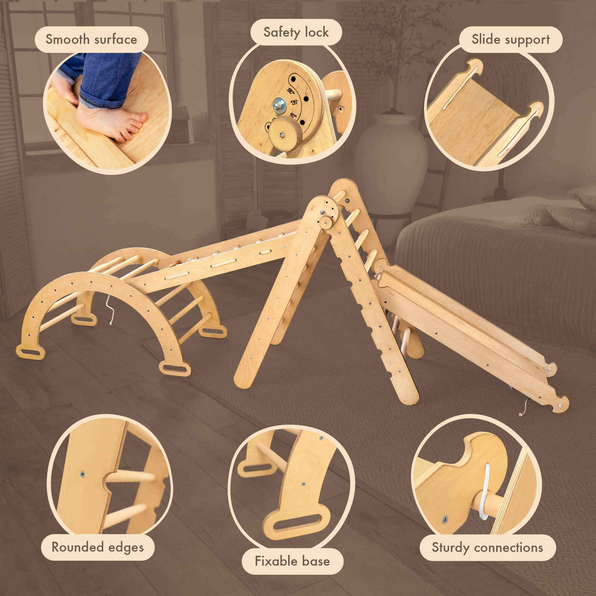4in1 Montessori Climbing Frame Set: Triangle Ladder + Arch/Rocker + Slide Board/Ramp + Netting rope 4in1 Playsets Goodevas