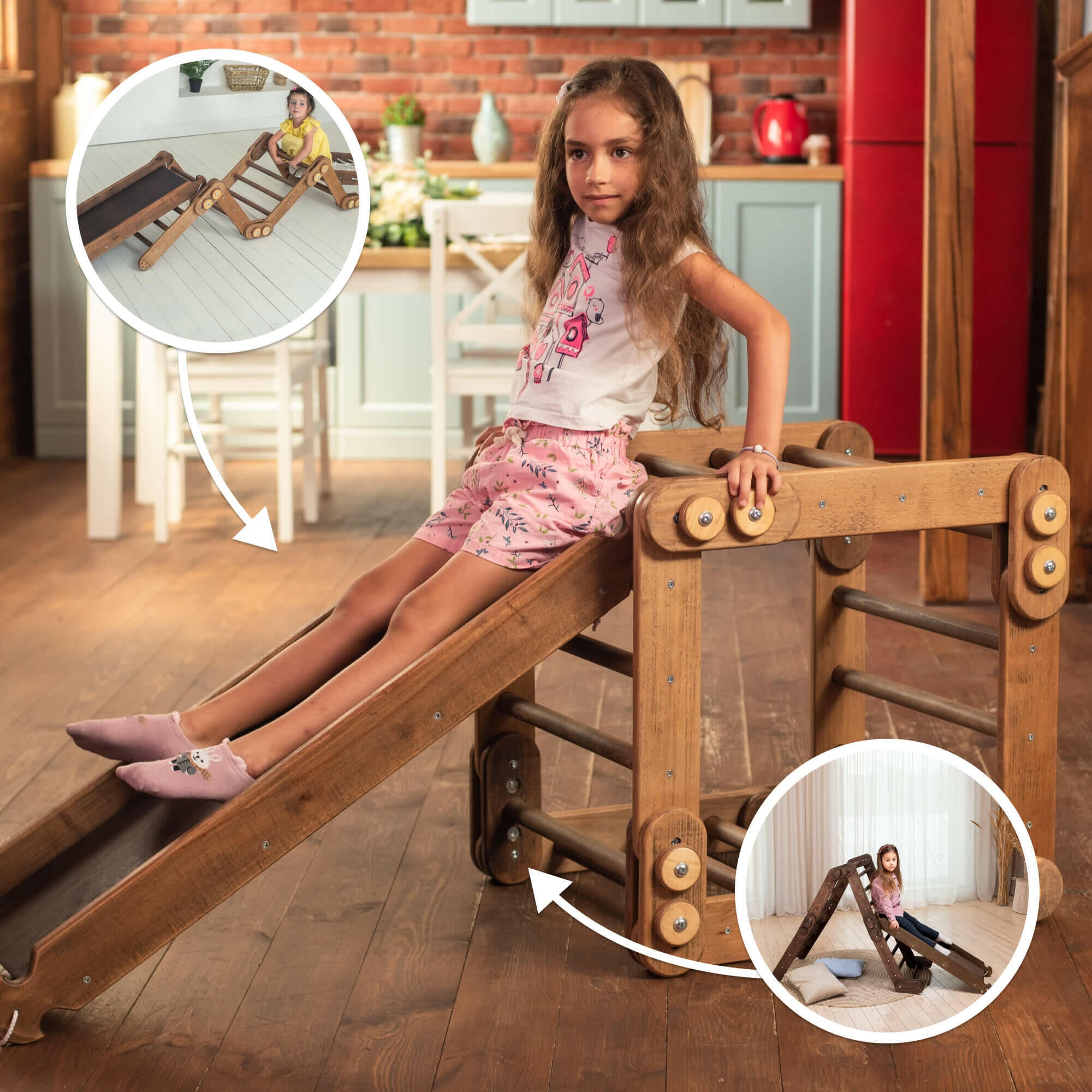 Montessori Climbing Frame Set 2in1: Snake Ladder + Slide Board/Climbing Ramp | Chocolate 2in1 Playsets Goodevas