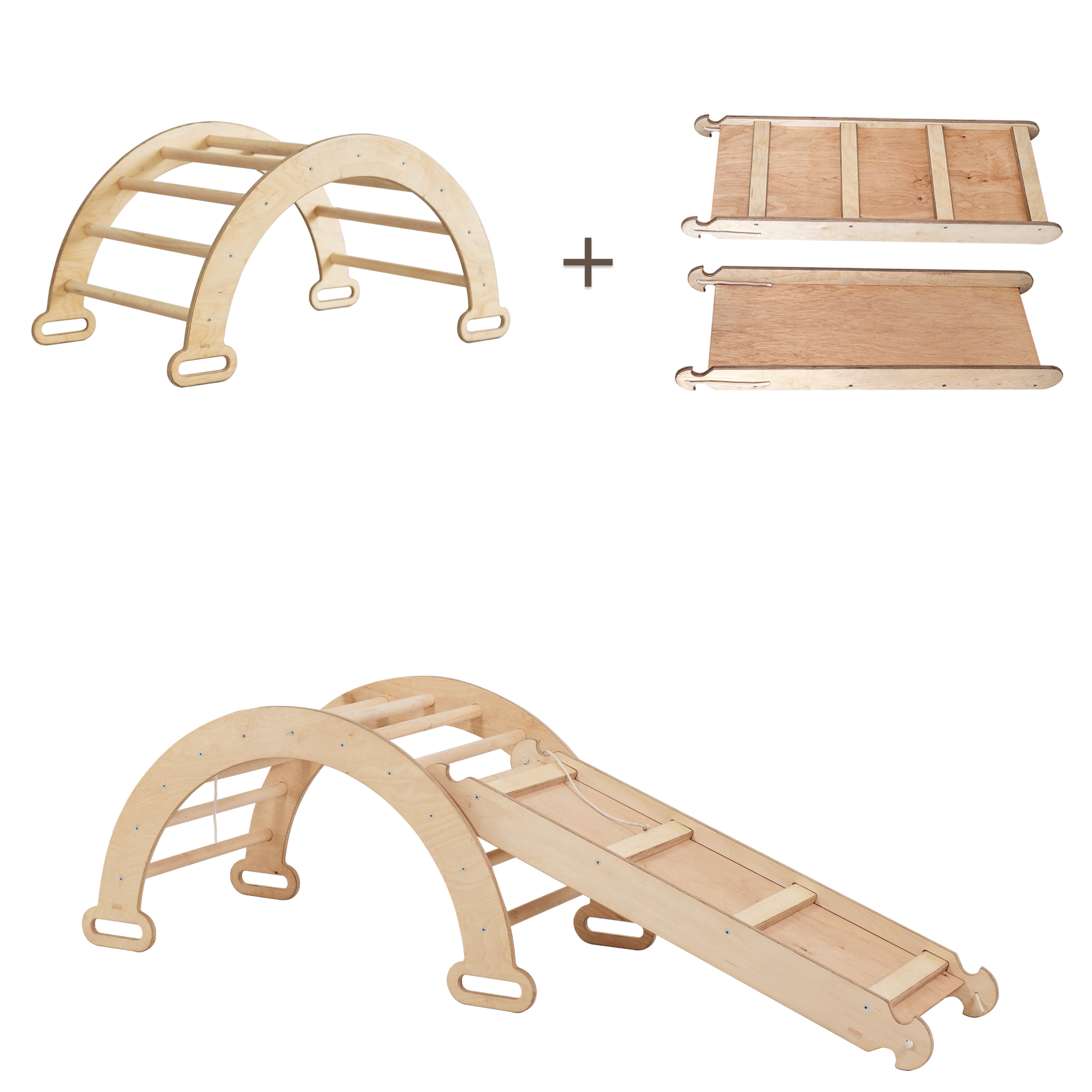 2in1 Montessori Climbing Frame Set: Arch/Rocker Balance + Slide Board/Ramp - Beige 2in1 Playsets Goodevas Beige