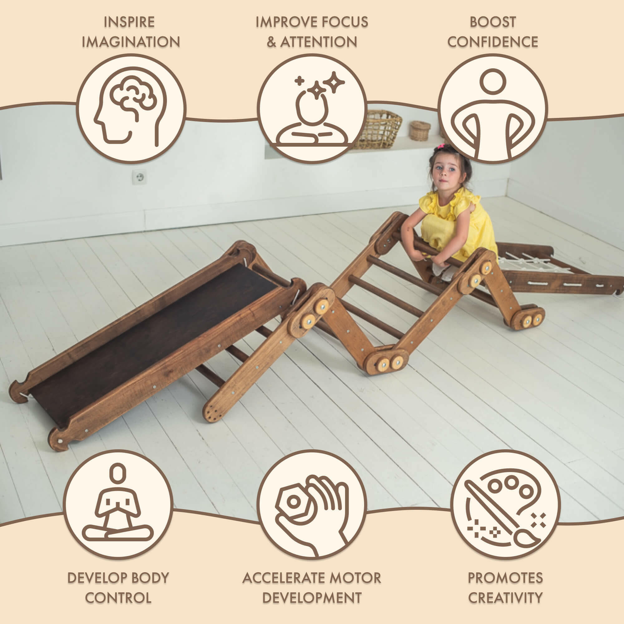 Montessori Climbing Frame Set 2in1: Snake Ladder + Slide Board/Climbing Ramp | Chocolate 2in1 Playsets Goodevas