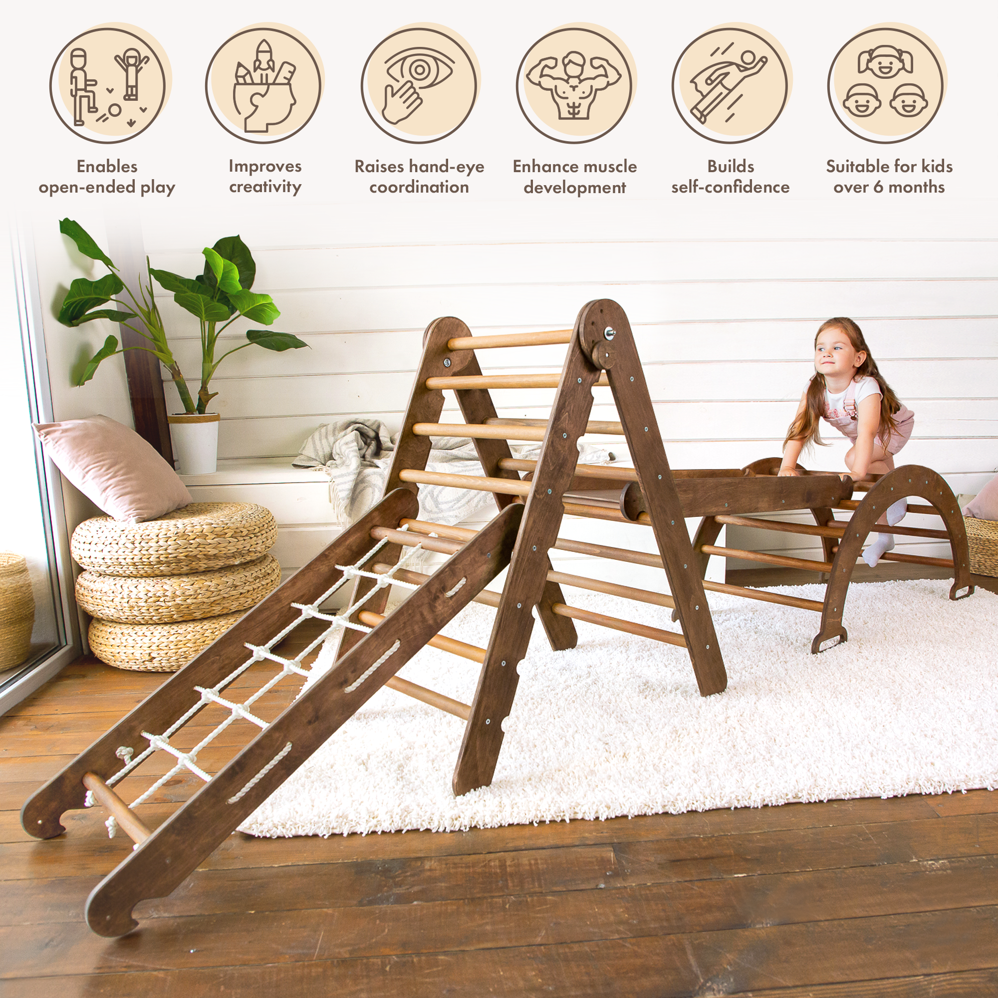 4in1 Montessori Climbing Set: Triangle Ladder + Arch/Rocker + Slide Board/Ramp + Net – Chocolate 4in1 Playsets Goodevas