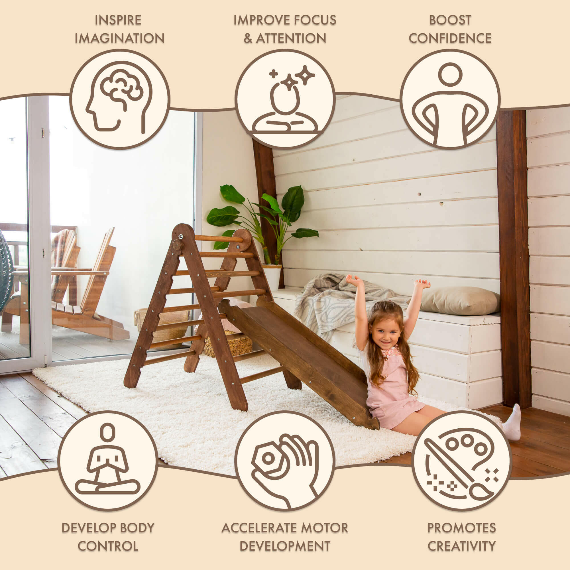 2in1 Montessori Climbing Frame Set: Triangle Ladder + Slide Board/Ramp – Chocolate 2in1 Playsets Goodevas