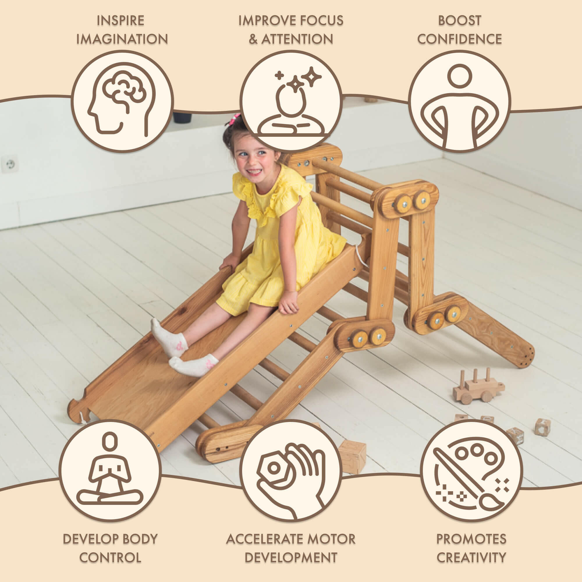 2in1 Montessori Climbing Set: Snake Ladder + Slide Board/Climbing Ramp – Beige 2in1 Playsets Goodevas