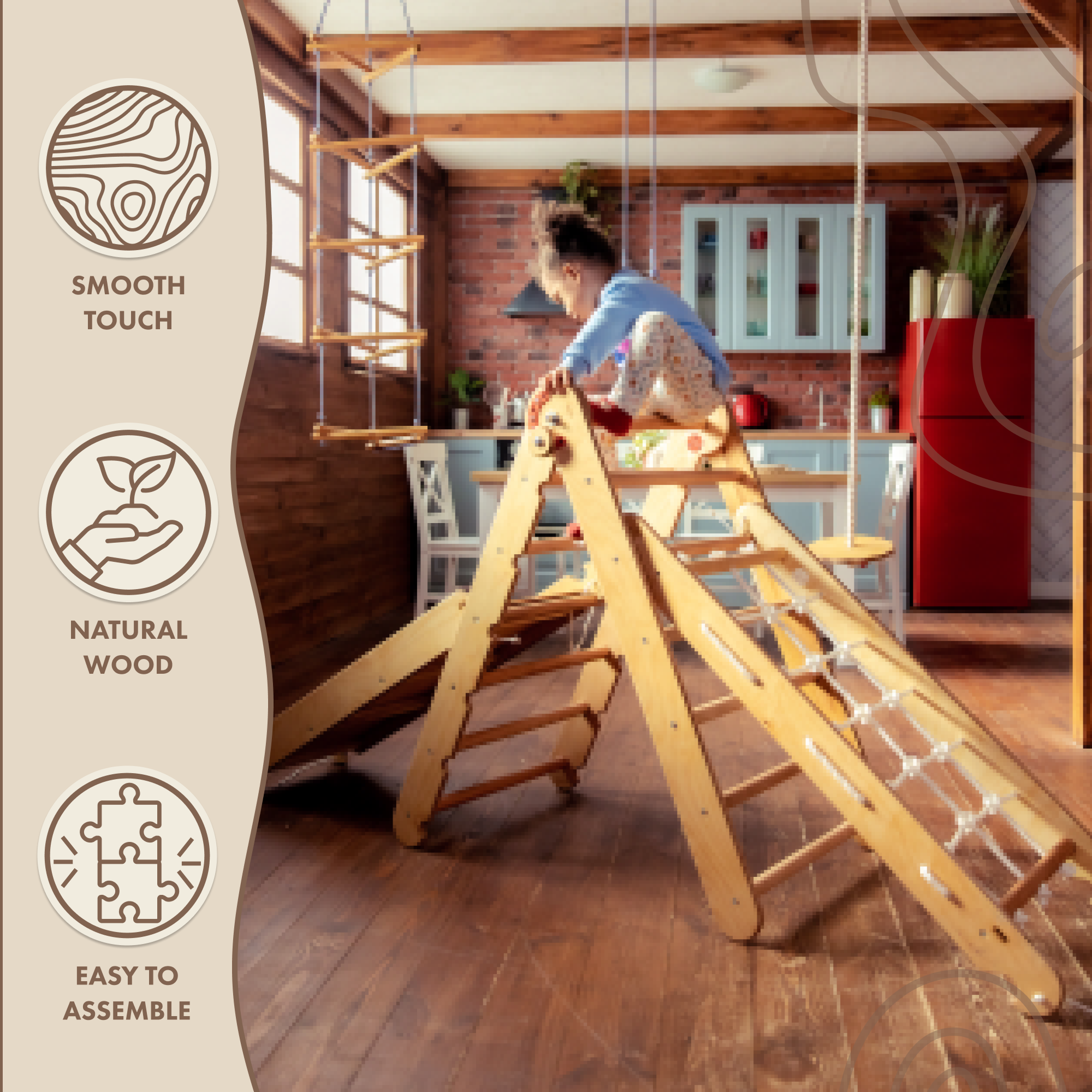 3in1 Montessori Climbing Frame Set: Triangle Ladder + Net + Slide Board/Ramp - Beige 3in1 Playsets Goodevas