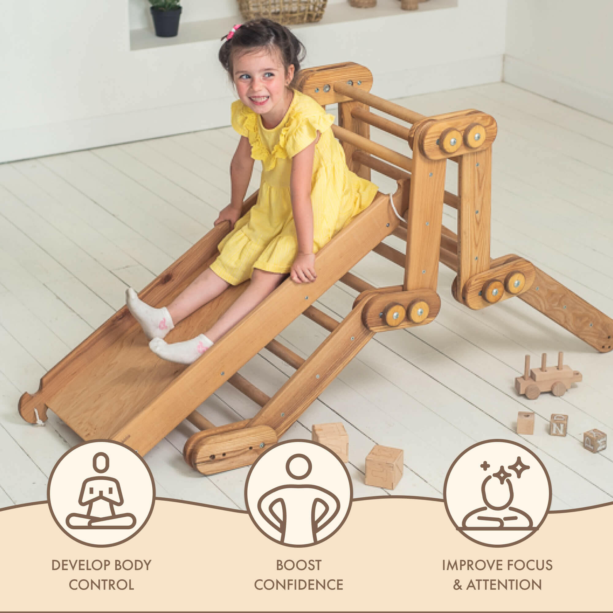 2in1 Montessori Climbing Set: Snake Ladder + Slide Board/Climbing Ramp – Beige 2in1 Playsets Goodevas