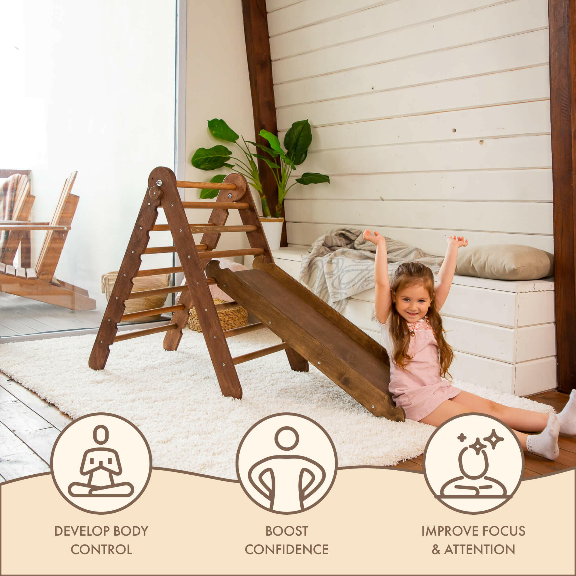 2in1 Montessori Climbing Frame Set: Triangle Ladder + Slide Board/Ramp – Chocolate 2in1 Playsets Goodevas