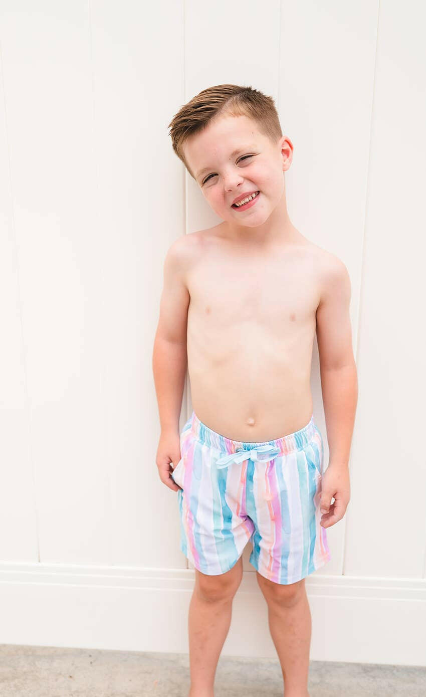 Boy Swim Shorts in Watercolor Stripe swimwear Ollie Jay