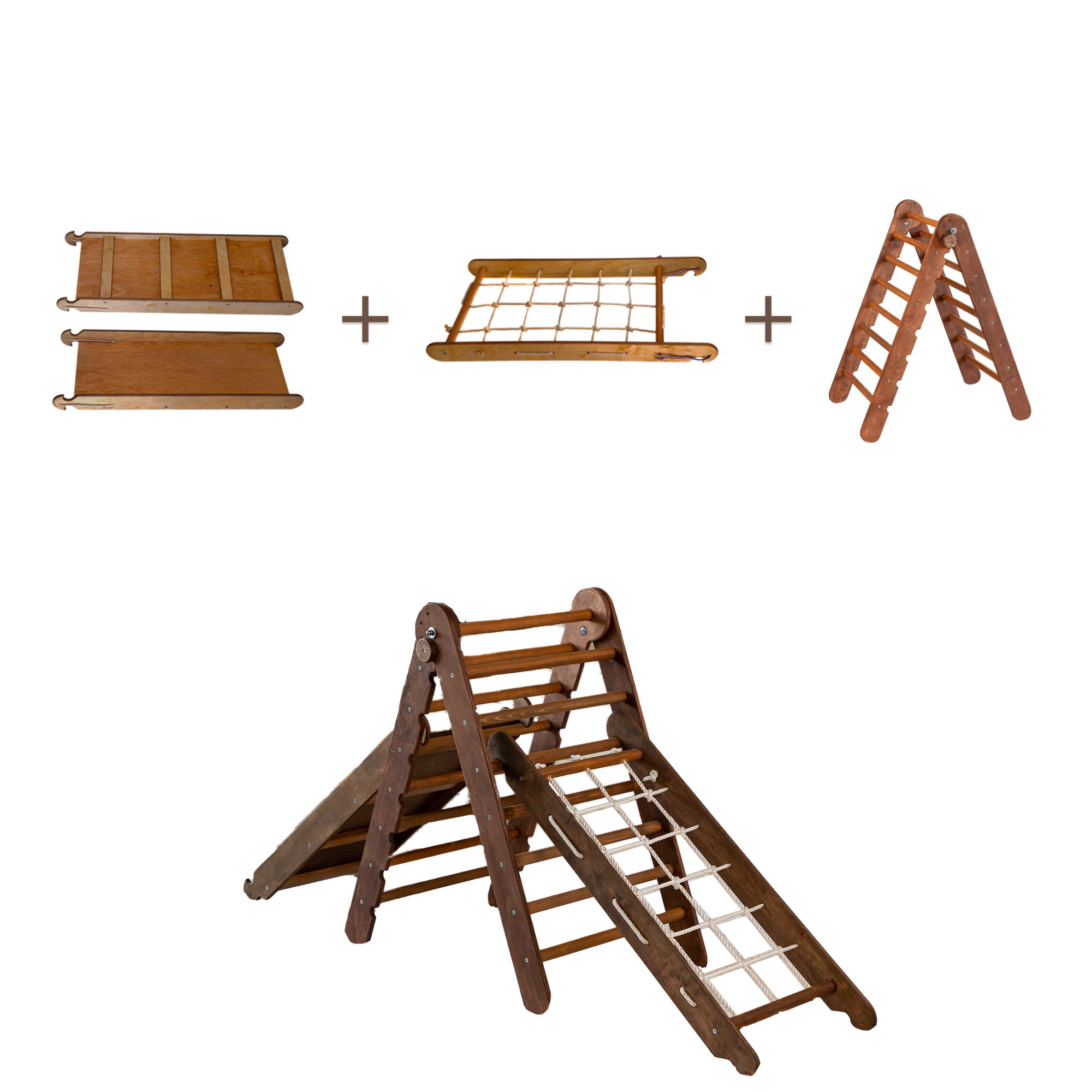 3in1 Montessori Climbing Frame Set: Triangle Ladder + Slide Board/Ramp + Net – Chocolate 3in1 Playsets Goodevas
