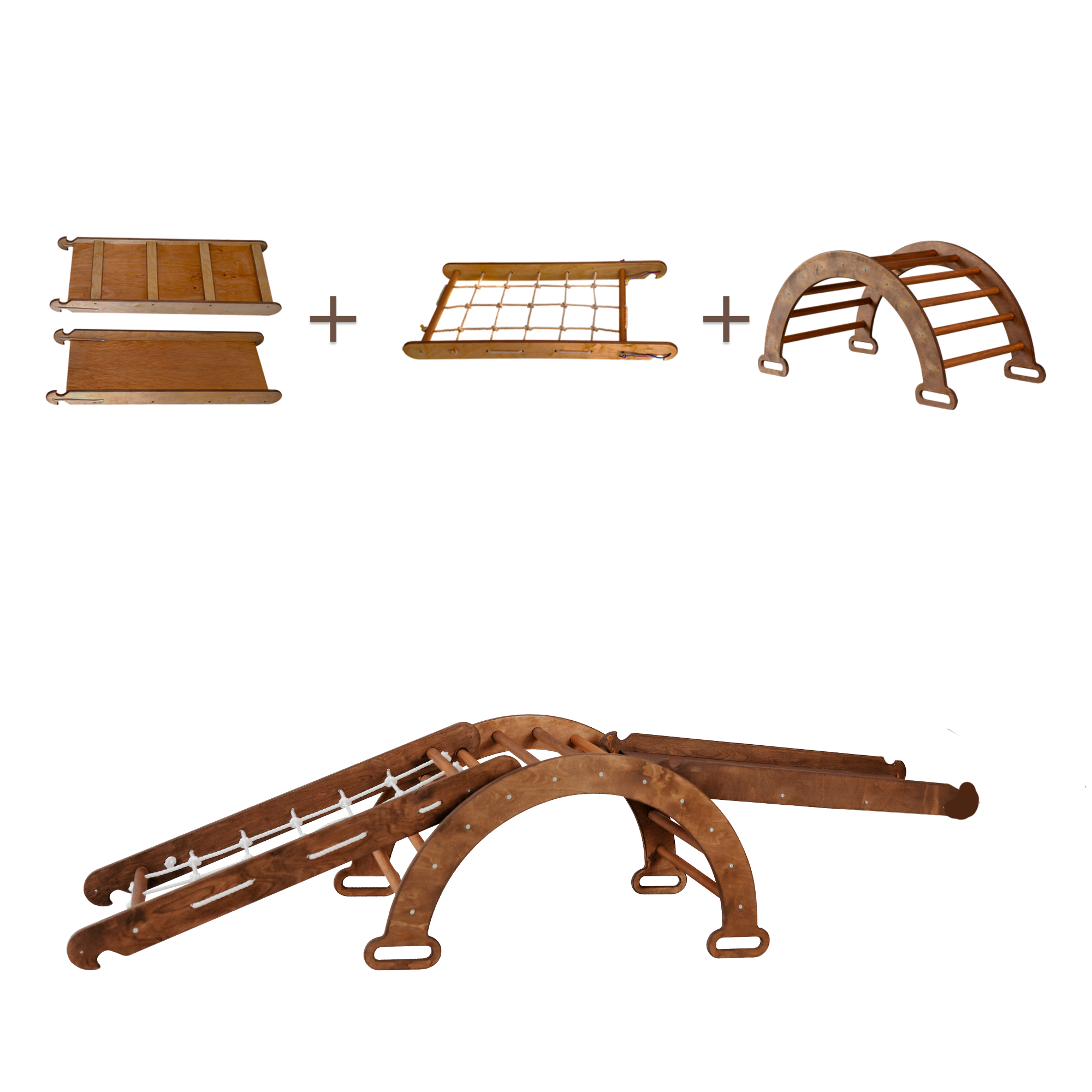 3in1 Montessori Climbing Frame Set: Wooden Arch + Slide Board + Climbing Net - Chocolate 3in1 Playsets Goodevas