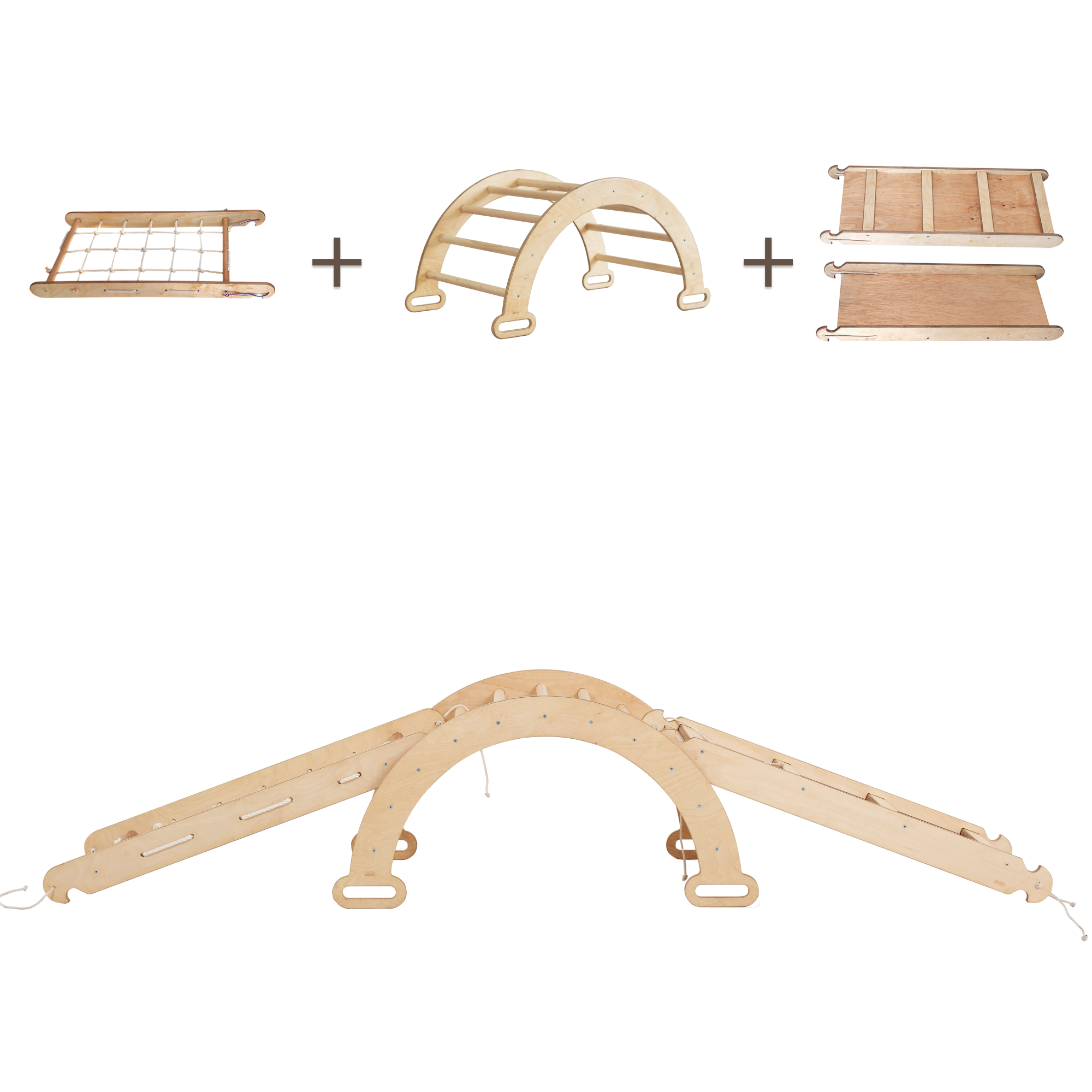 3in1 Montessori Climbing Frame Set: Arch/Rocker + Slide Board + Net – Beige 3in1 Playsets Goodevas