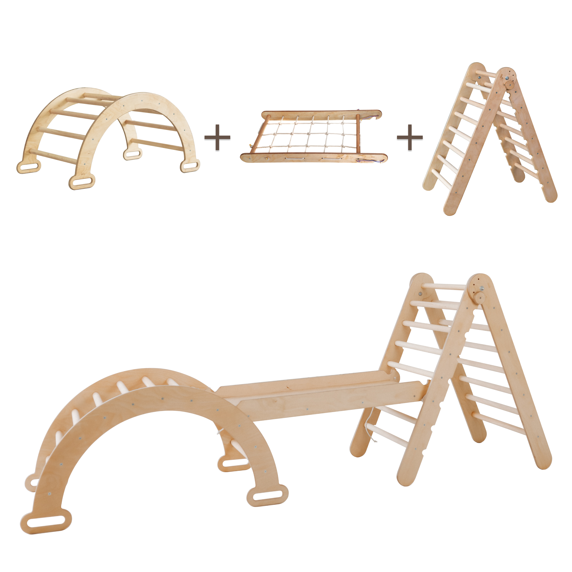 3in1 Montessori Climbing Frame Set: Triangle Ladder + Arch/Rocker Balance + Net – Beige 3in1 Playsets Goodevas
