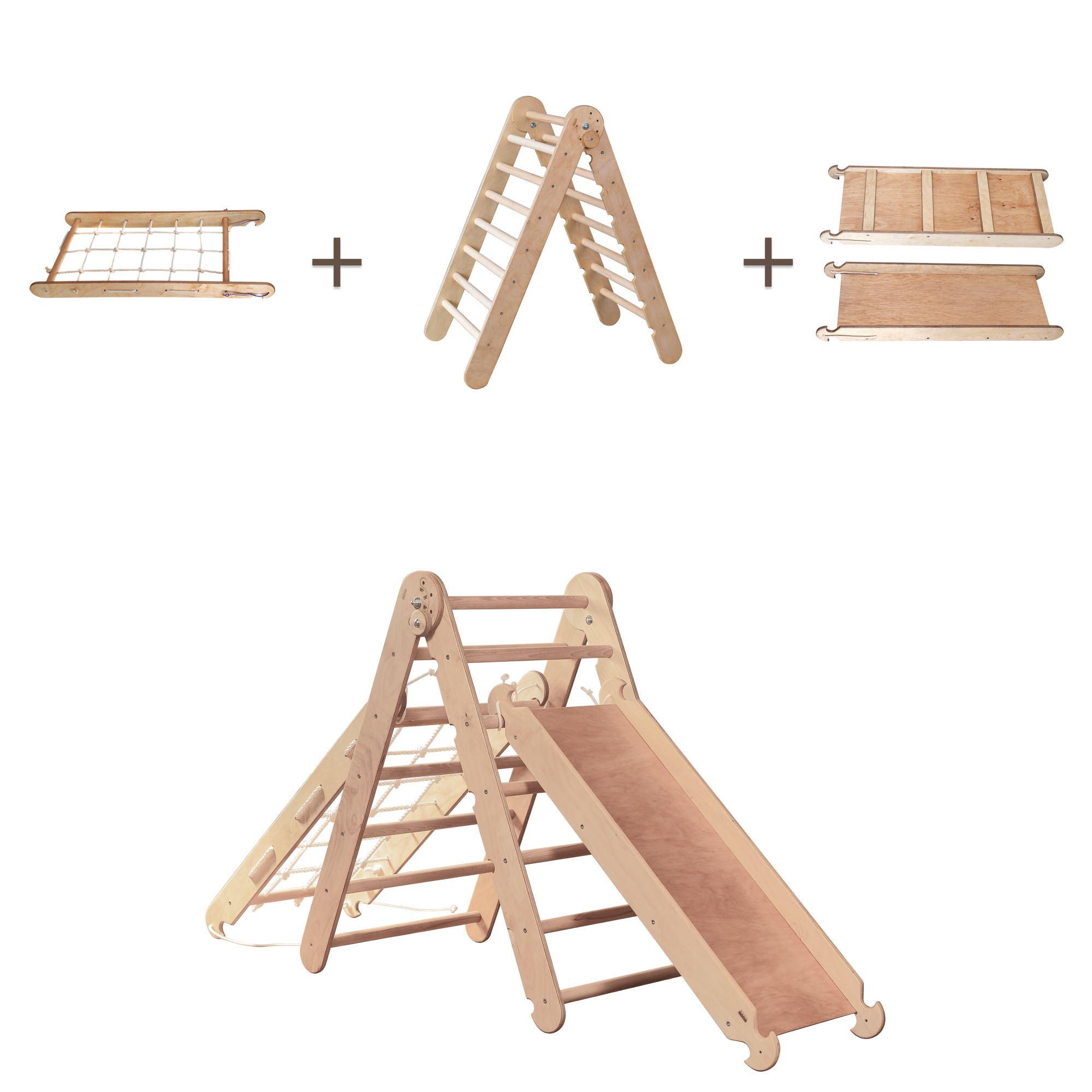 3in1 Montessori Climbing Frame Set: Triangle Ladder + Net + Slide Board/Ramp - Beige 3in1 Playsets Goodevas