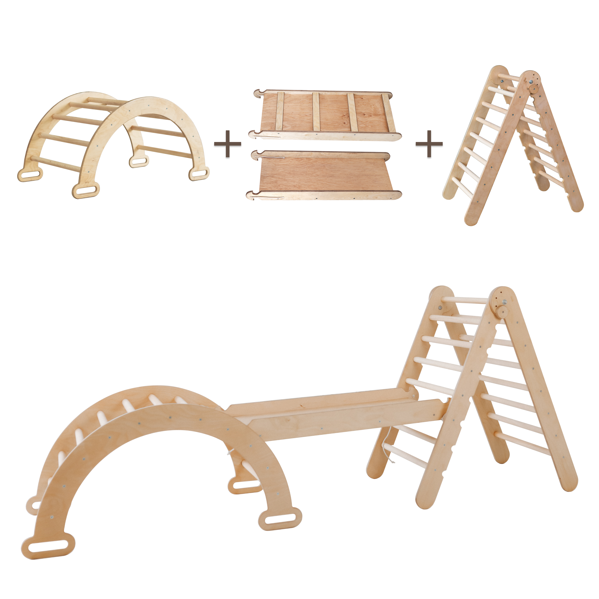3in1 Montessori Climbing Set: Triangle Ladder + Wooden Arch + Slide Board – Beige 3in1 Playsets Goodevas