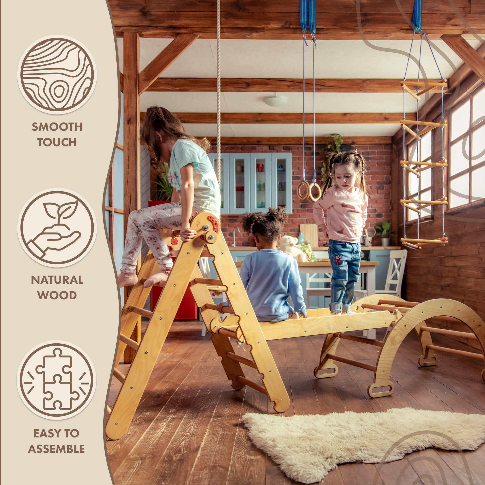 3in1 Montessori Climbing Set: Triangle Ladder + Wooden Arch + Slide Board – Beige 3in1 Playsets Goodevas
