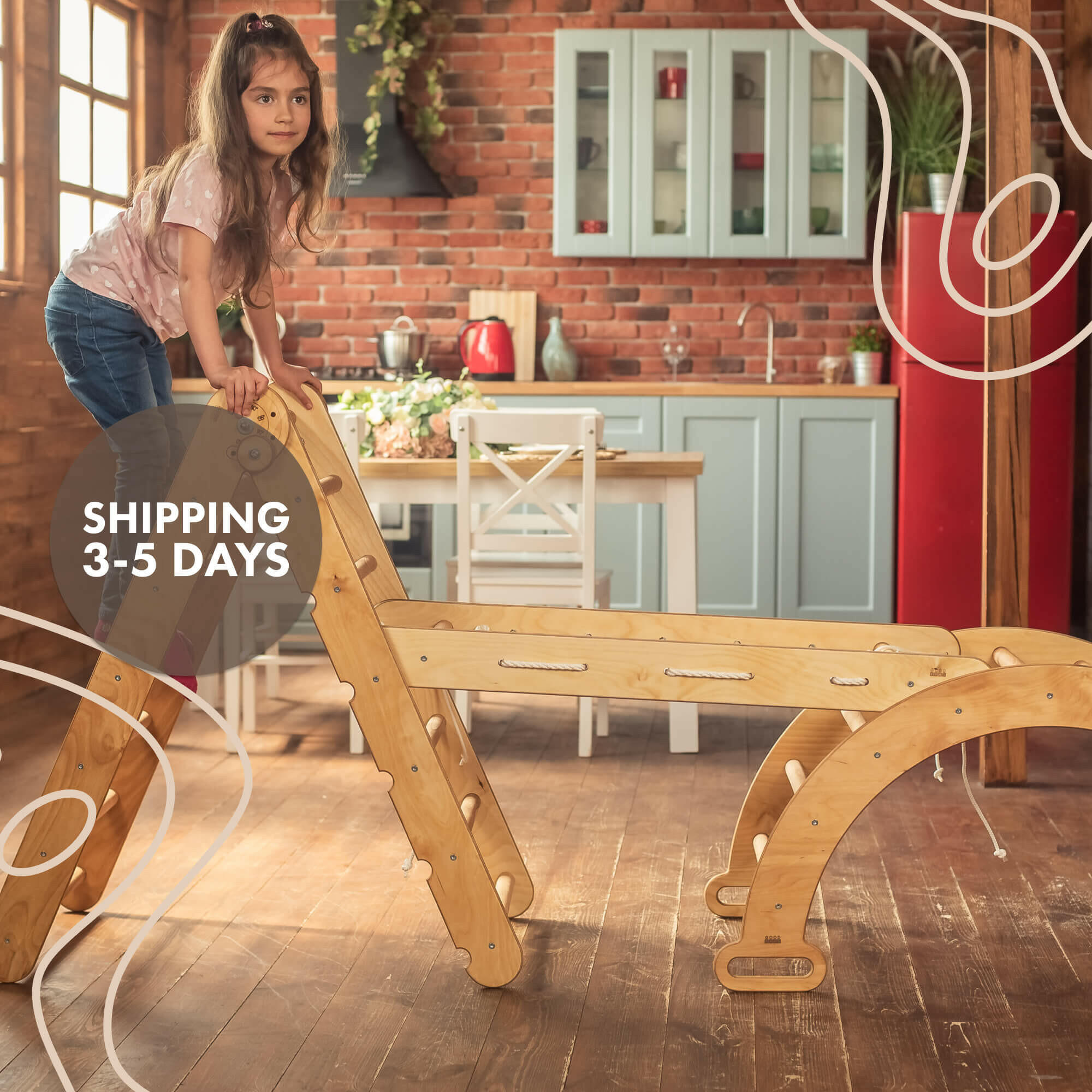 3in1 Montessori Climbing Set: Triangle Ladder + Wooden Arch + Slide Board – Beige 3in1 Playsets Goodevas