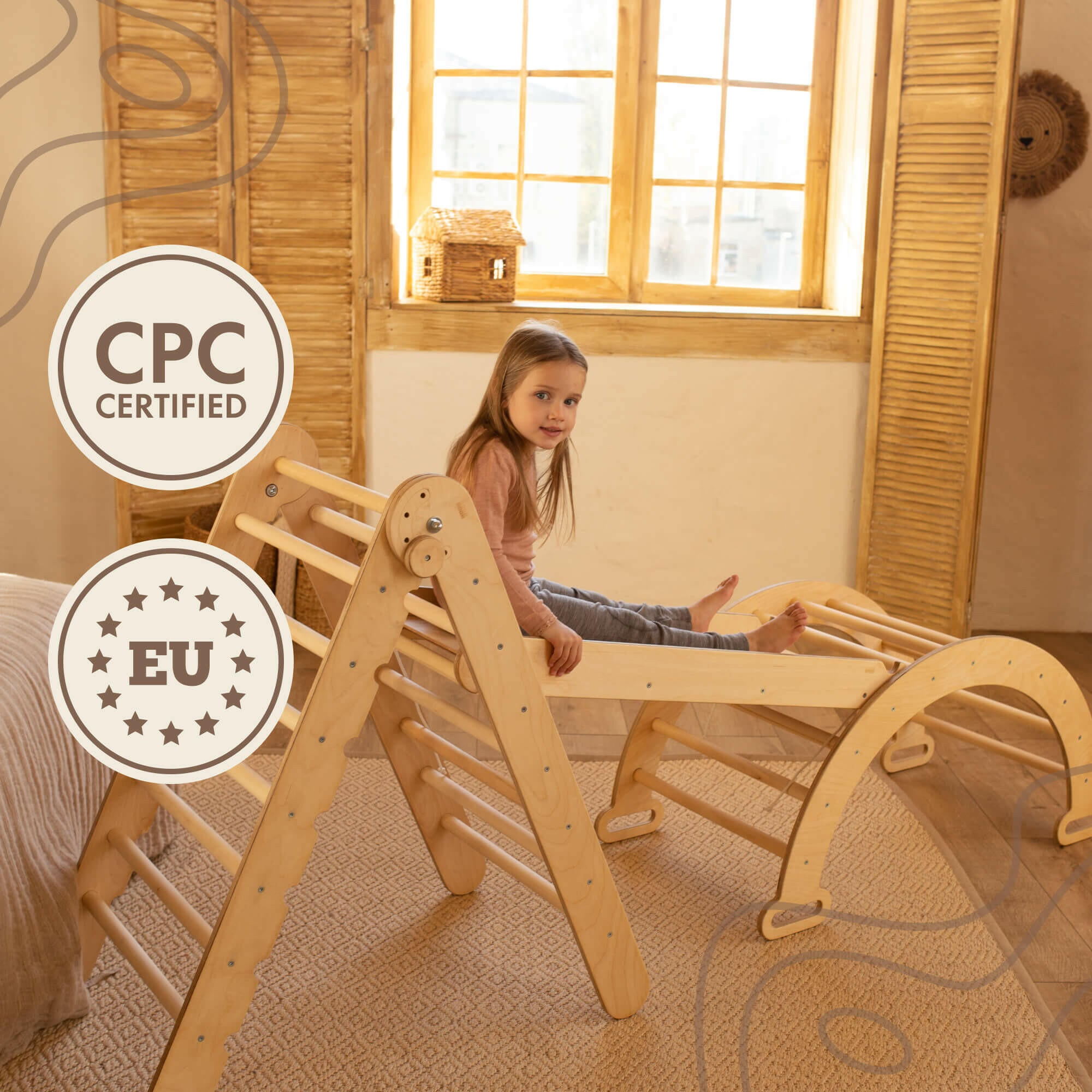 3in1 Montessori Climbing Set: Triangle Ladder + Wooden Arch + Slide Board – Beige 3in1 Playsets Goodevas