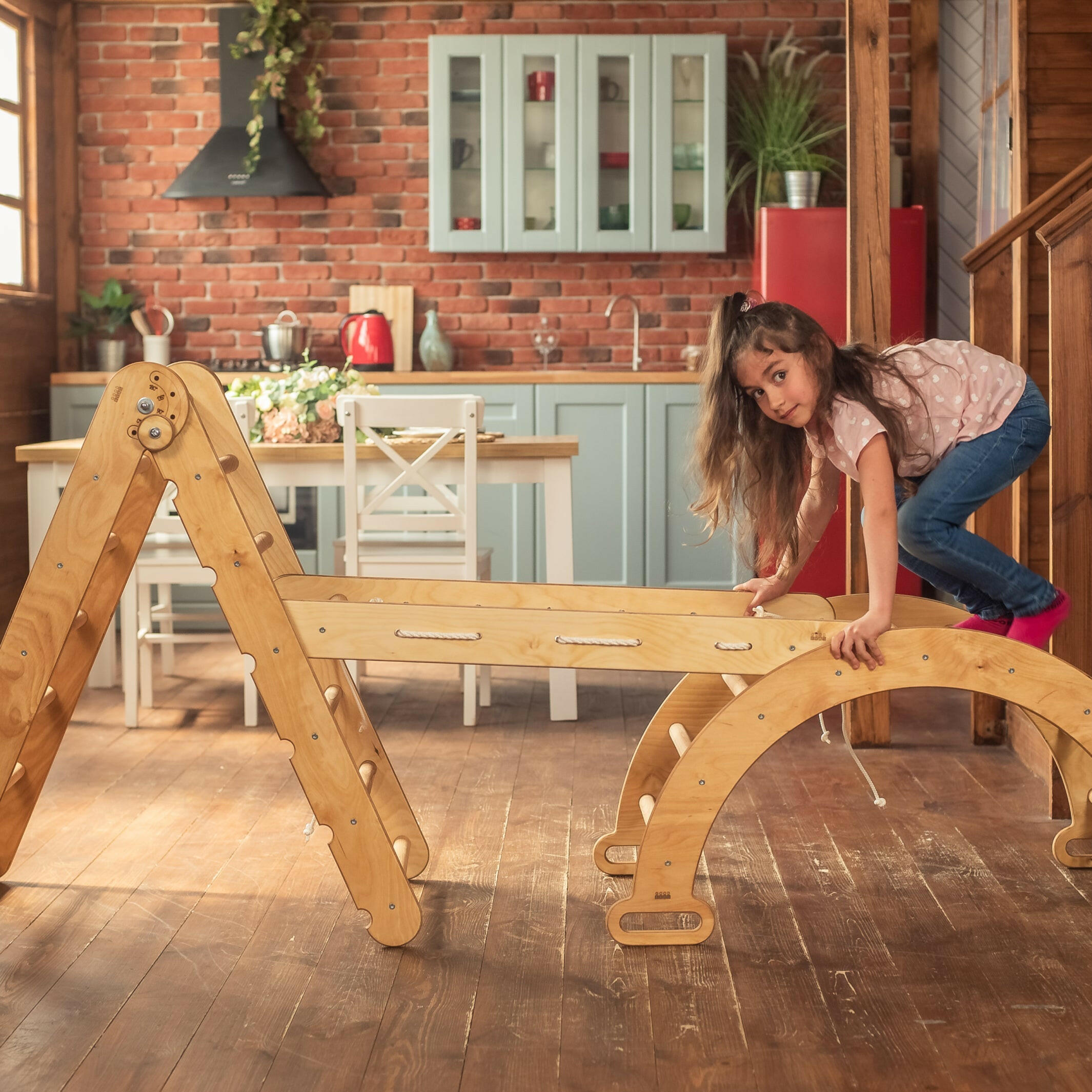 3in1 Montessori Climbing Frame Set: Triangle Ladder + Arch/Rocker Balance + Net – Beige 3in1 Playsets Goodevas Beige