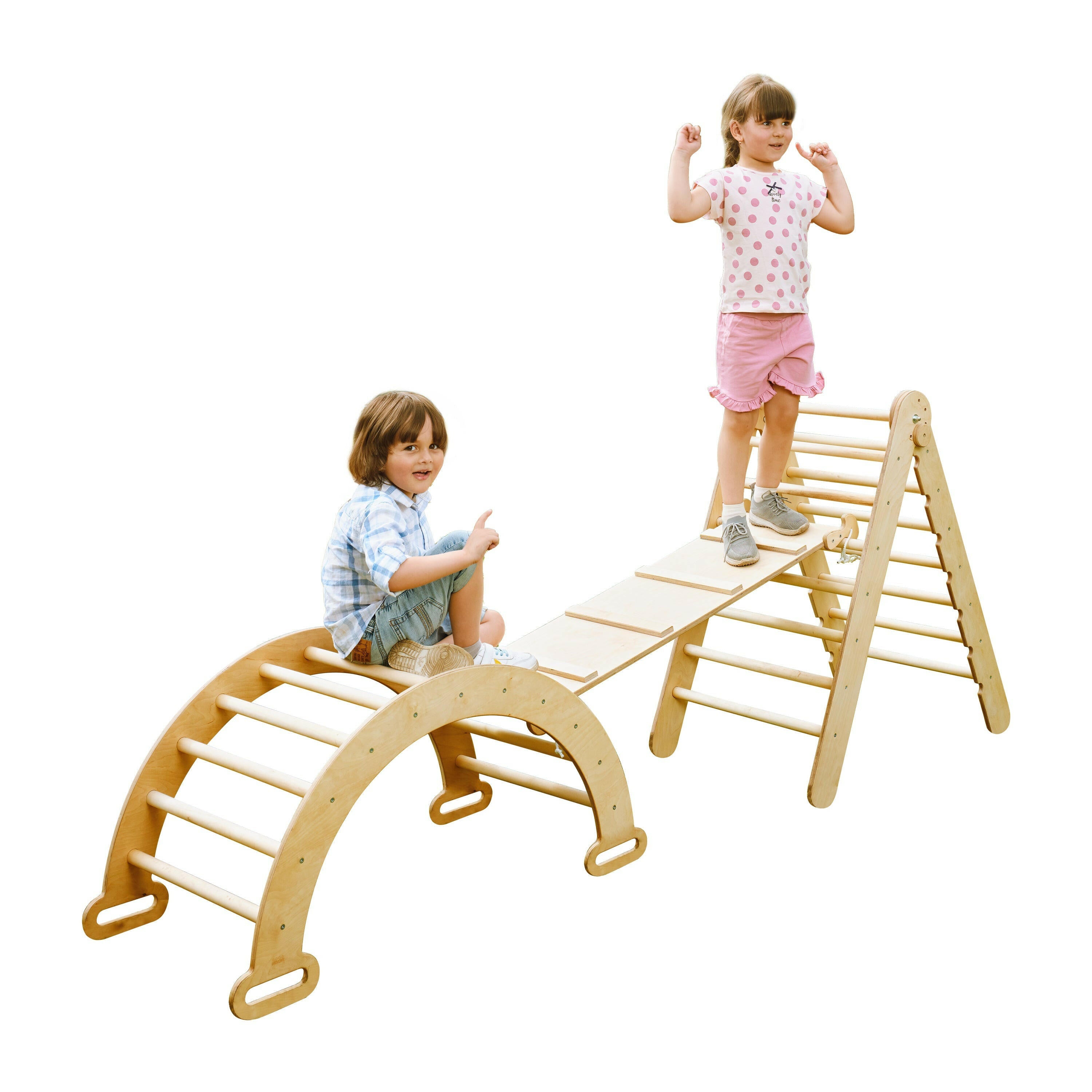 3in1 Montessori Climbing Set: Triangle Ladder + Wooden Arch + Slide Board – Beige NEW 3in1 Playsets Goodevas