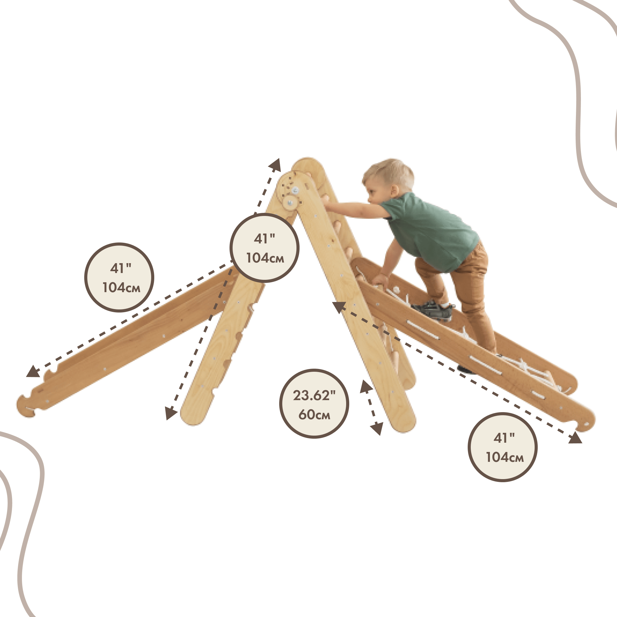 3in1 Montessori Climbing Frame Set: Triangle Ladder + Net + Slide Board/Ramp - Beige 3in1 Playsets Goodevas