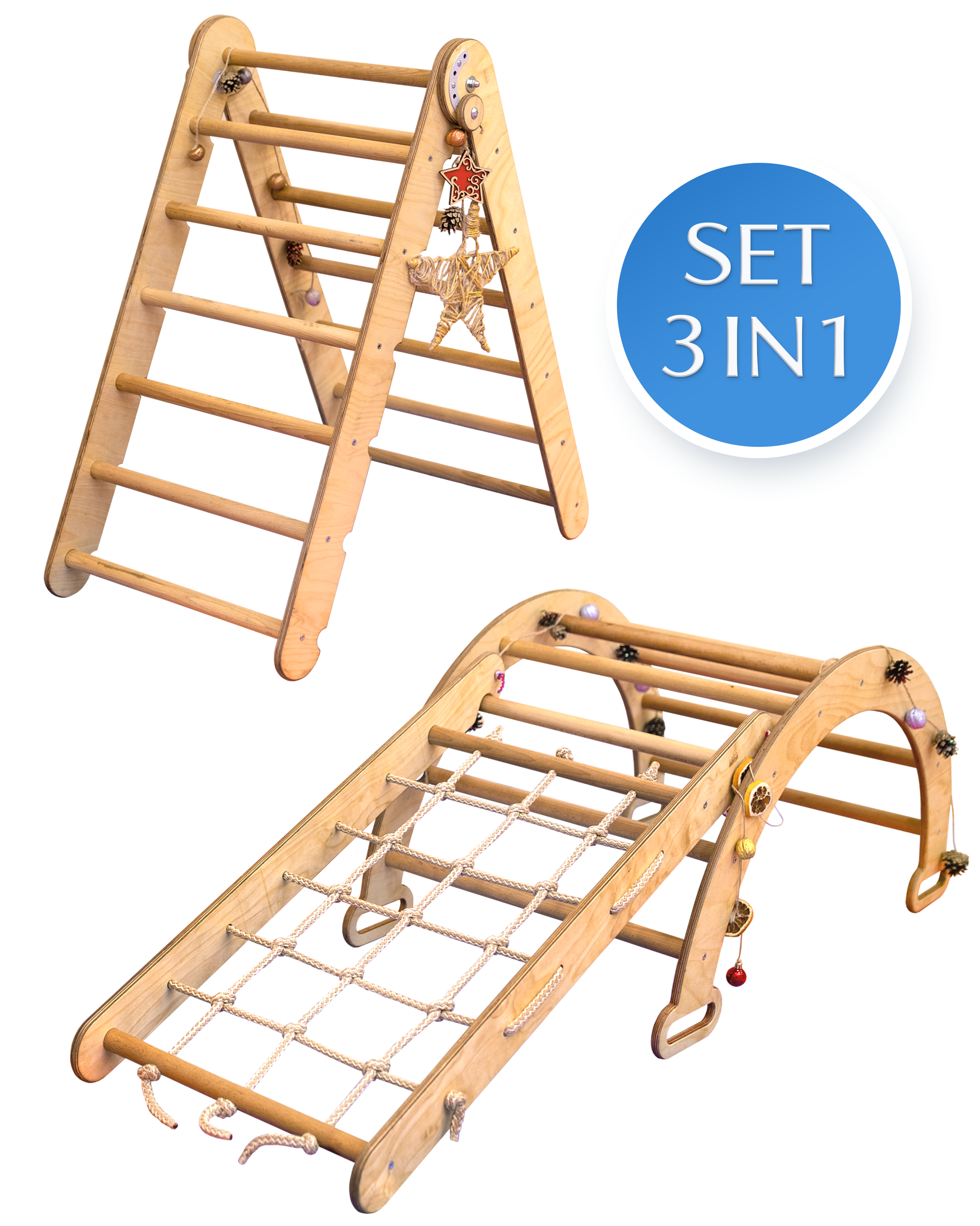 3in1 Montessori Climbing Frame Set: Triangle Ladder + Arch/Rocker Balance + Net – Beige 3in1 Playsets Goodevas