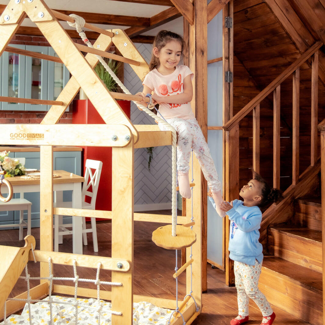 Indoor Wooden Playhouse with Triangle ladder, Slide Board and Swings Playhouses Goodevas