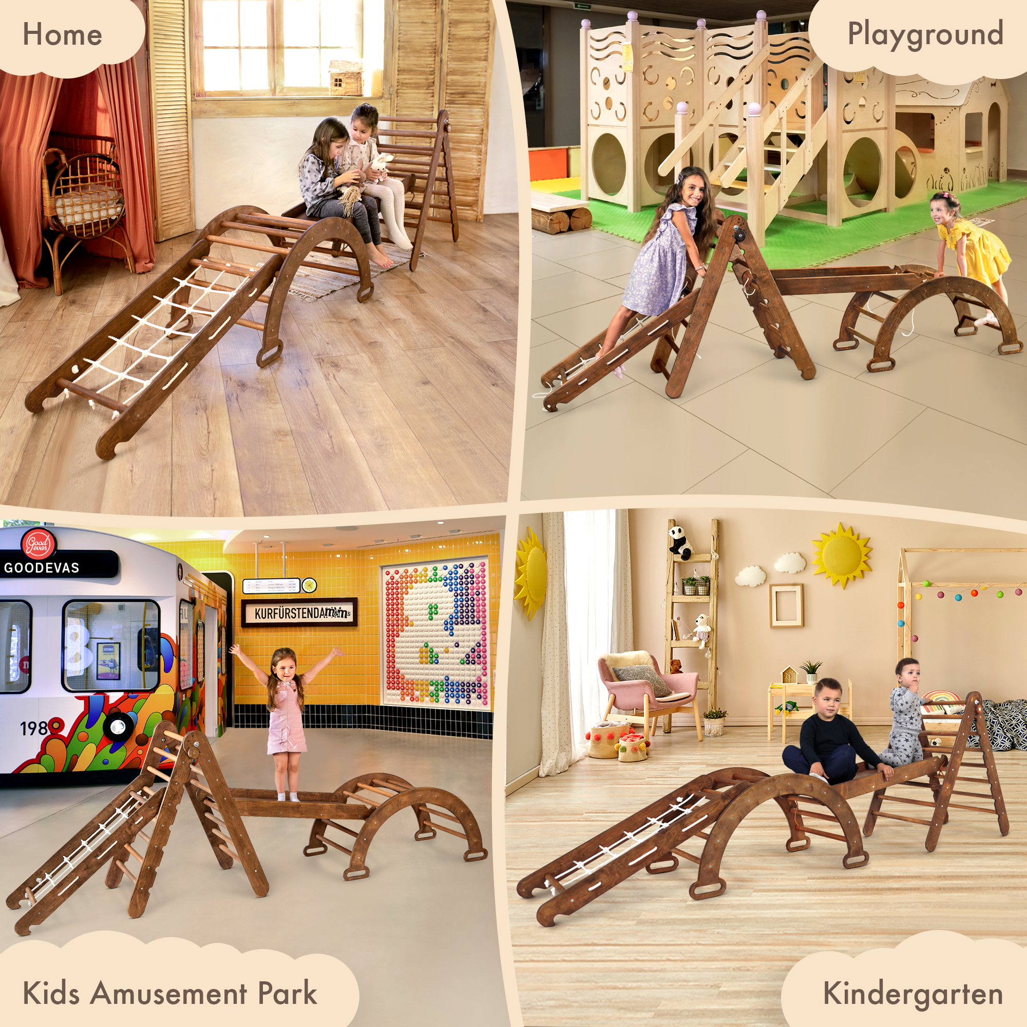 4in1 Montessori Climbing Set: Triangle Ladder + Arch/Rocker + Slide Board/Ramp + Net – Chocolate 4in1 Playsets Goodevas