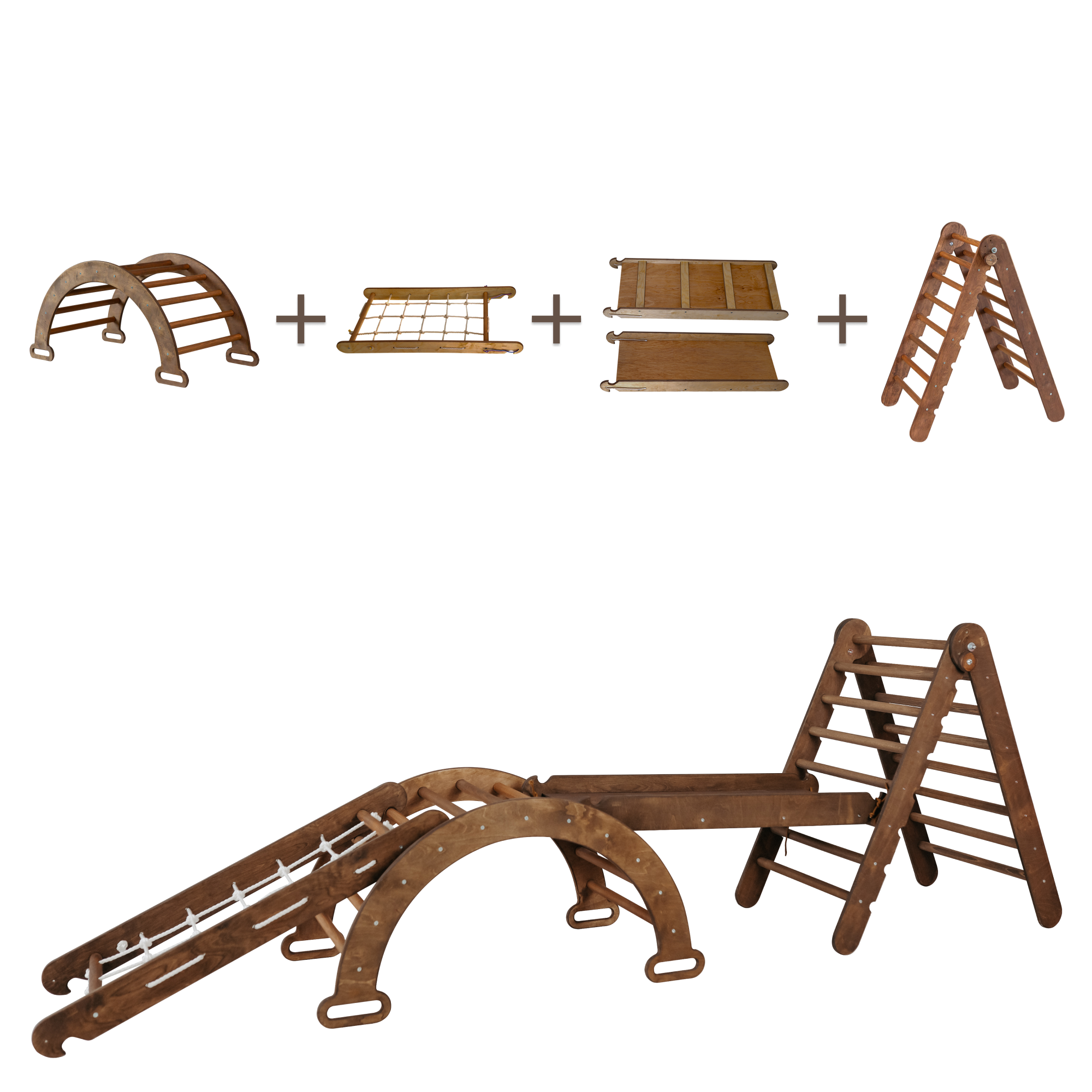 4in1 Montessori Climbing Set: Triangle Ladder + Arch/Rocker + Slide Board/Ramp + Net – Chocolate 4in1 Playsets Goodevas