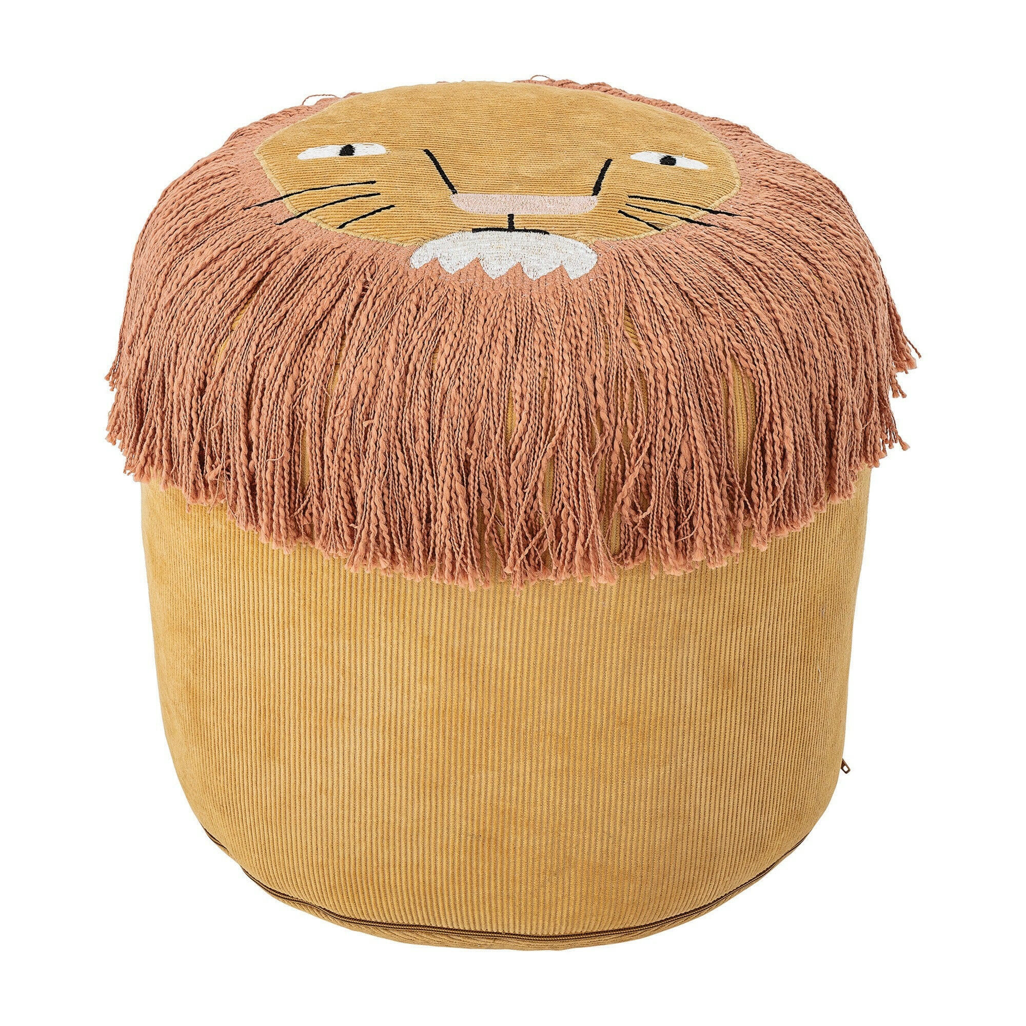 Lion's Face Mustard Yellow Cotton Corduroy Pouf with Embroidered Face & Long Fringe Playroom Furniture Bloomingville