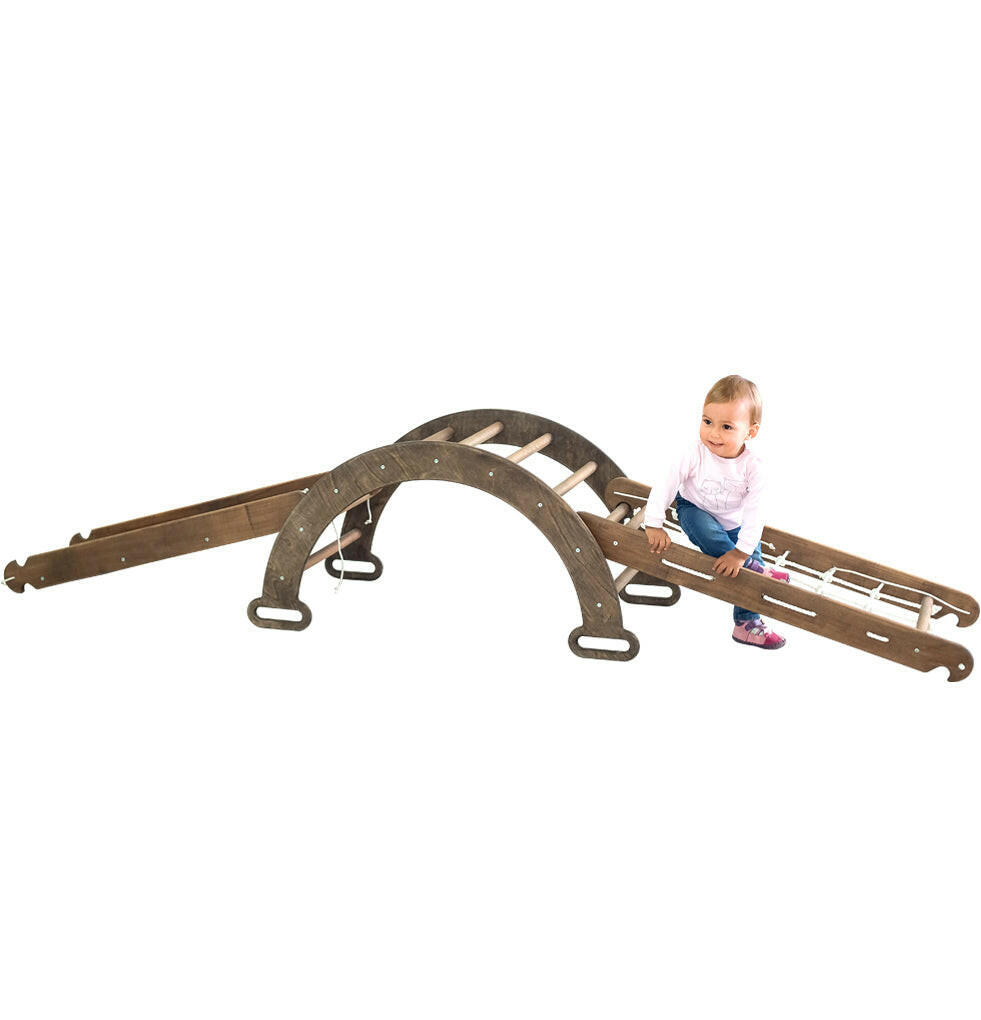 3in1 Montessori Climbing Frame Set: Wooden Arch + Slide Board + Climbing Net - Chocolate 3in1 Playsets Goodevas Chocolate