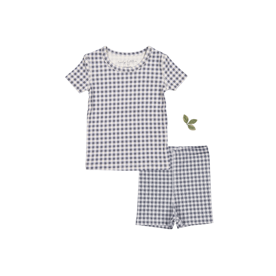 Printed Short Sleeve Tee + Short Lovely Littles 6m Steel Gingham