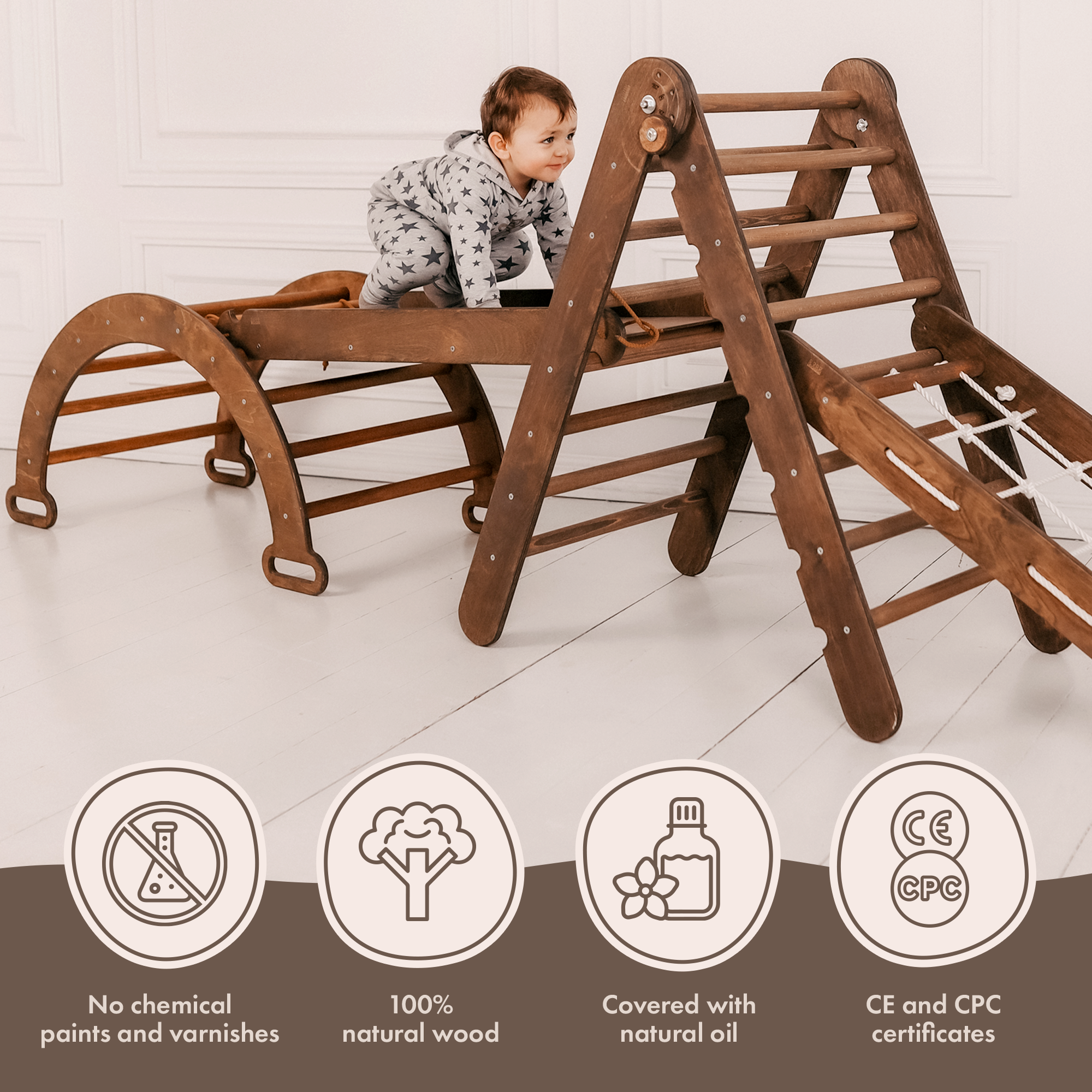 4in1 Montessori Climbing Set: Triangle Ladder + Arch/Rocker + Slide Board/Ramp + Net – Chocolate 4in1 Playsets Goodevas