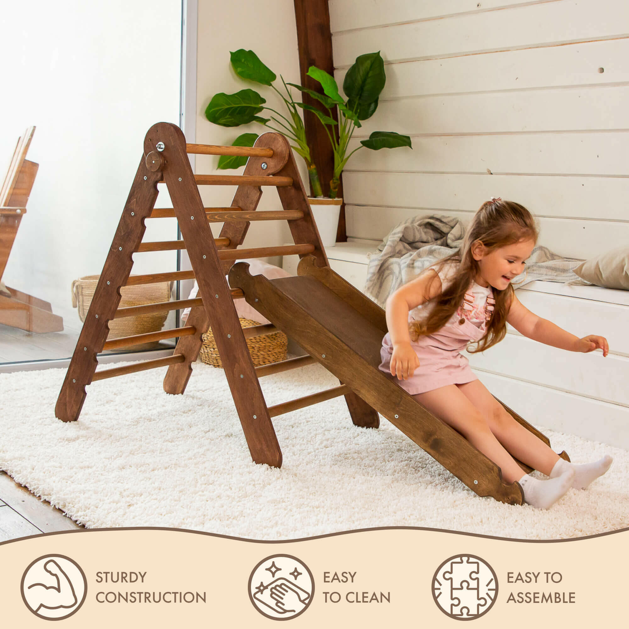 2in1 Montessori Climbing Frame Set: Triangle Ladder + Slide Board/Ramp – Chocolate 2in1 Playsets Goodevas