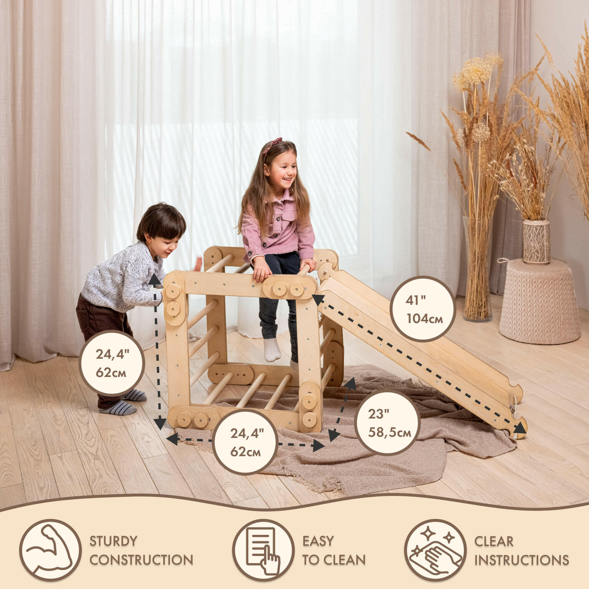 2in1 Montessori Climbing Set: Snake Ladder + Slide Board/Climbing Ramp – Beige 2in1 Playsets Goodevas