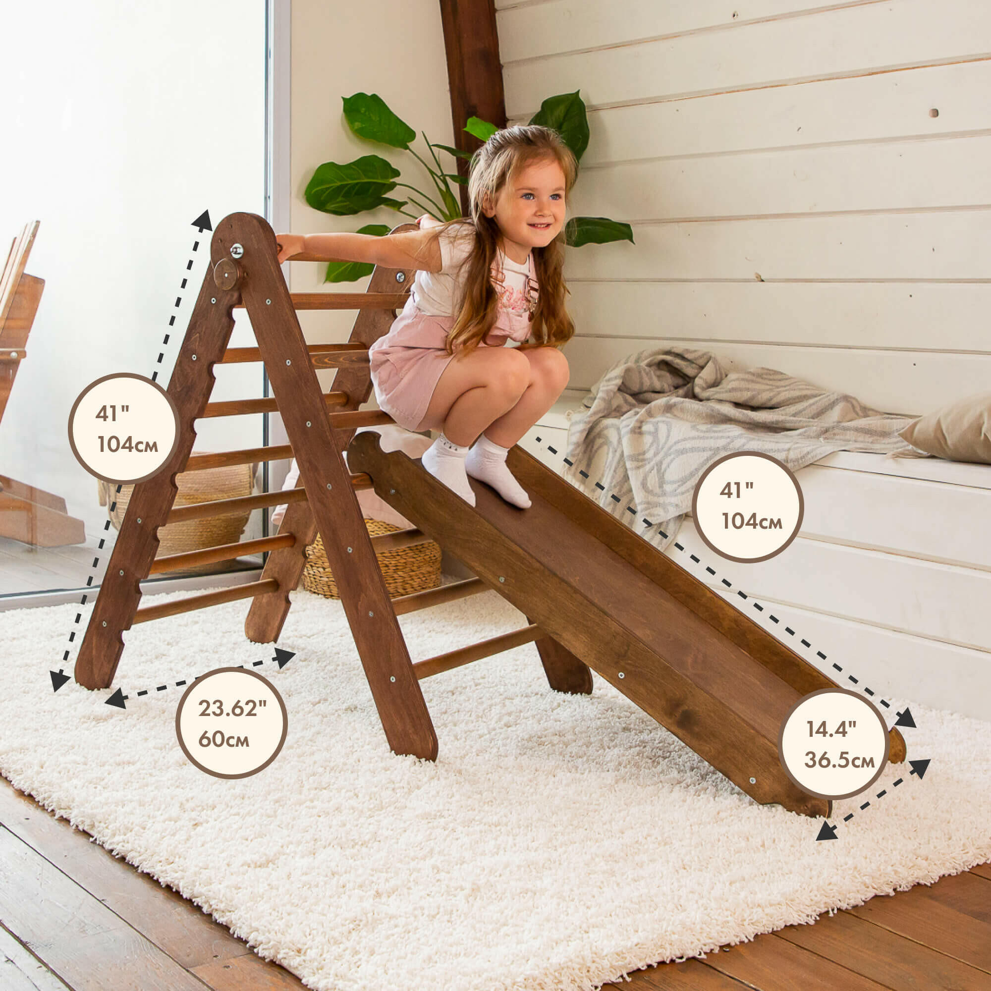 2in1 Montessori Climbing Frame Set: Triangle Ladder + Slide Board/Ramp – Chocolate 2in1 Playsets Goodevas