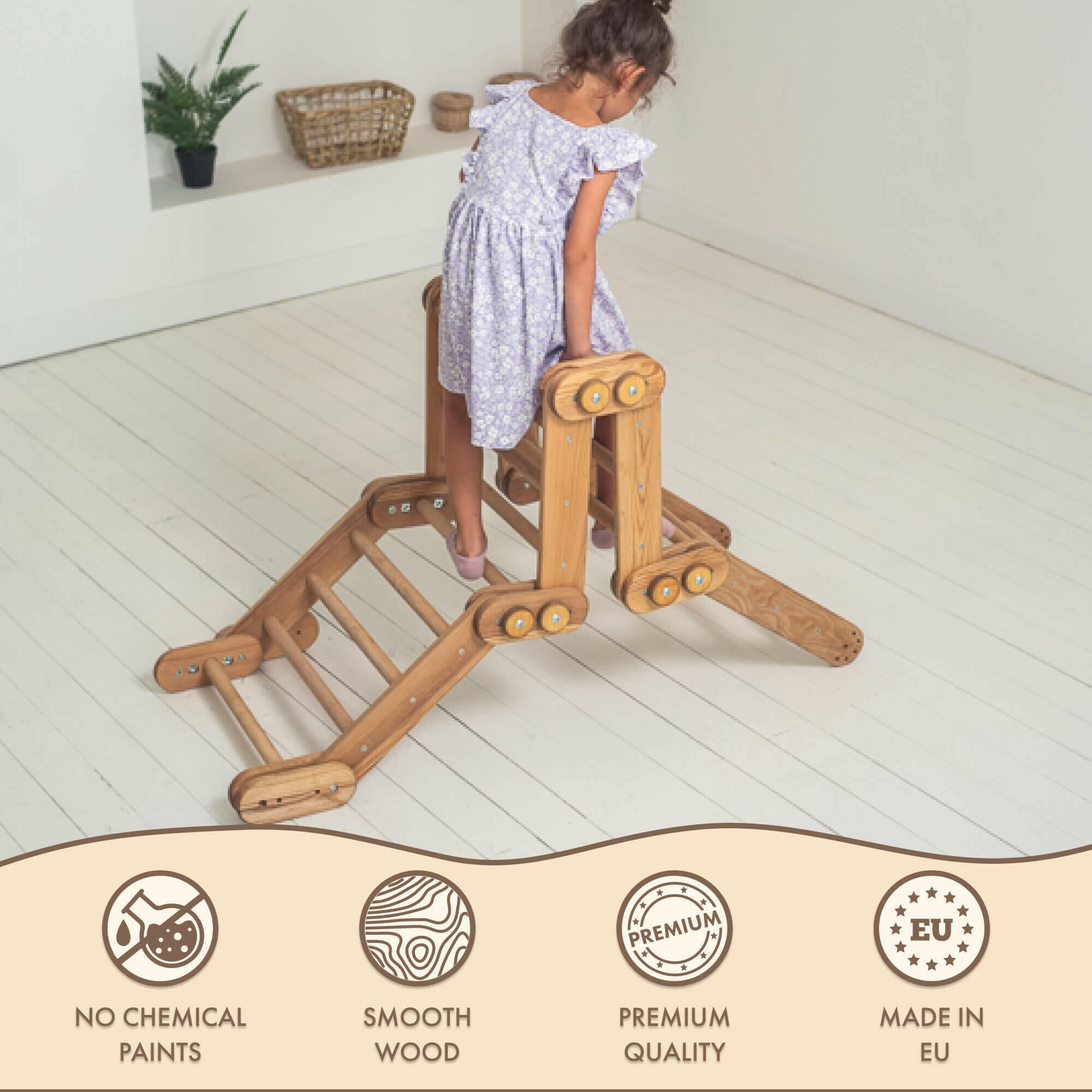 2in1 Montessori Climbing Set: Snake Ladder + Slide Board/Climbing Ramp – Beige 2in1 Playsets Goodevas