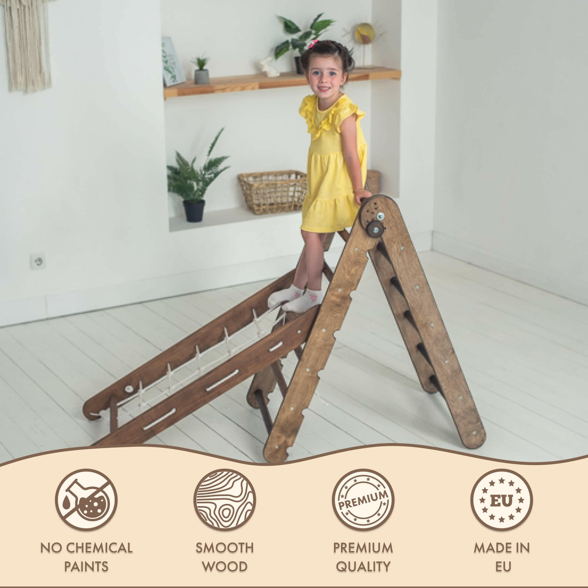 2in1 Montessori Climbing Frame Set: Triangle Ladder + Slide Board/Ramp – Chocolate 2in1 Playsets Goodevas