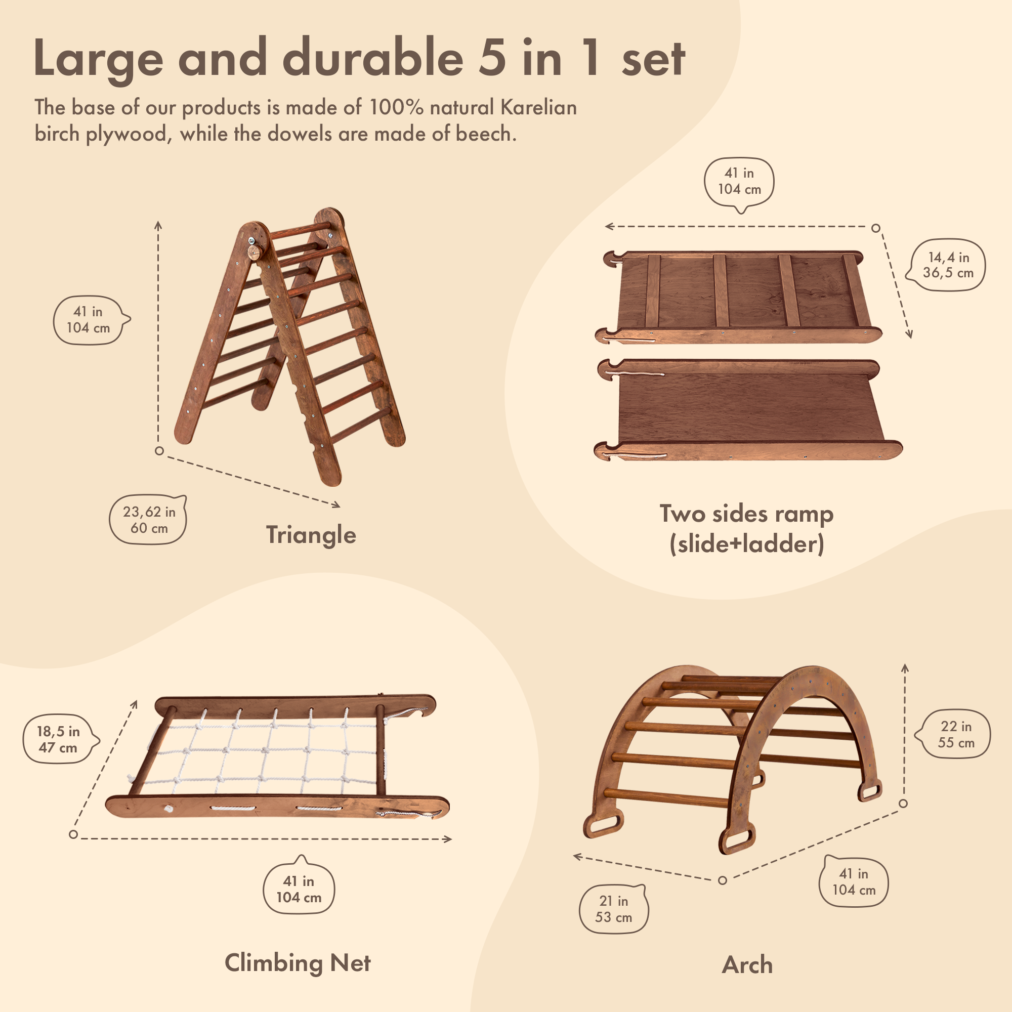 4in1 Montessori Climbing Set: Triangle Ladder + Arch/Rocker + Slide Board/Ramp + Net – Chocolate 4in1 Playsets Goodevas