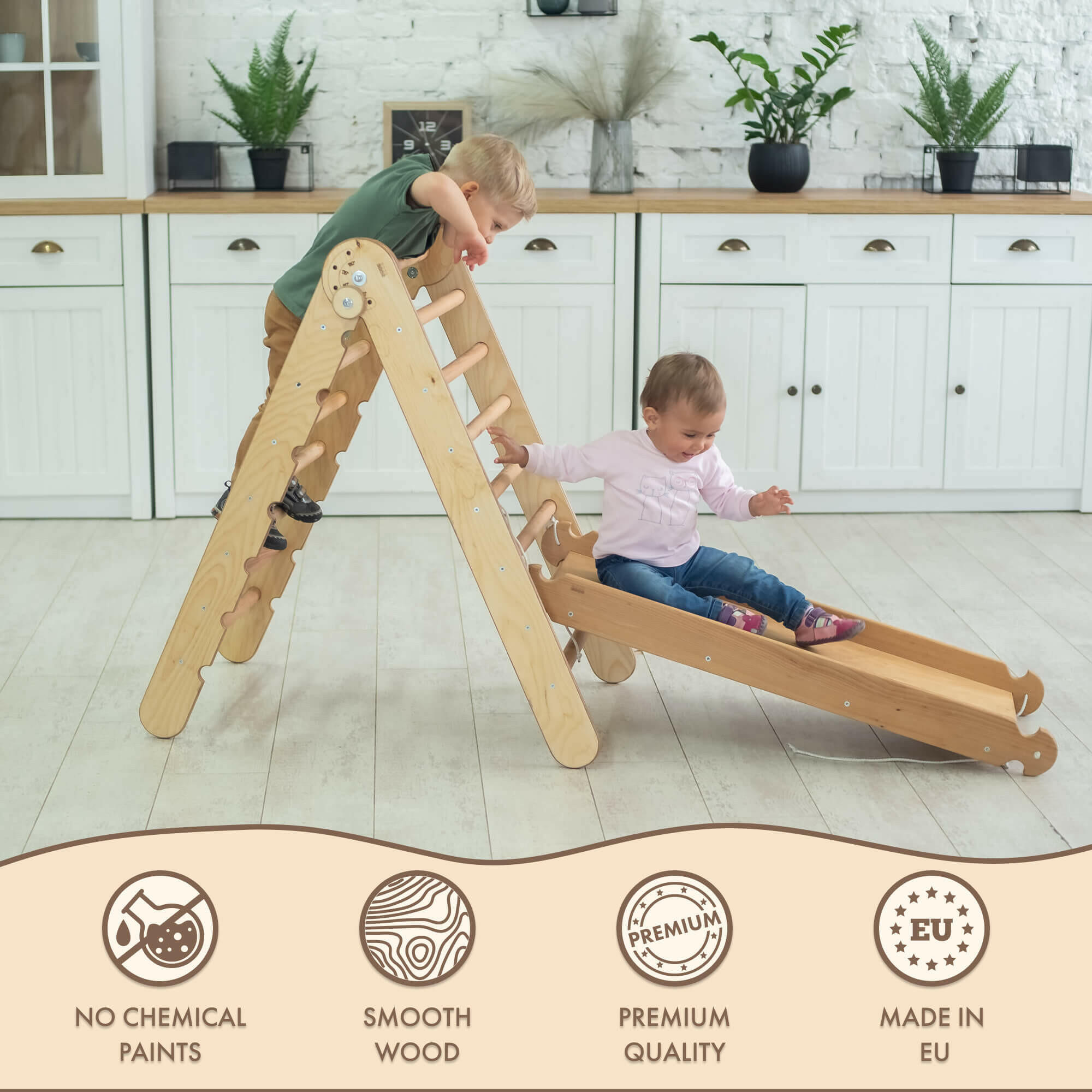 2in1 Montessori Climbing Set: Triangle Ladder + Slide Board/Ramp – Beige 2in1 Playsets Goodevas