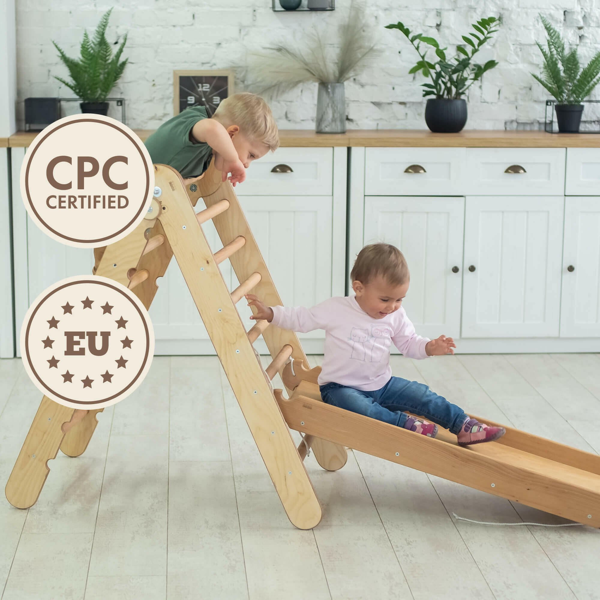 2in1 Montessori Climbing Set: Triangle Ladder + Slide Board/Ramp – Beige 2in1 Playsets Goodevas