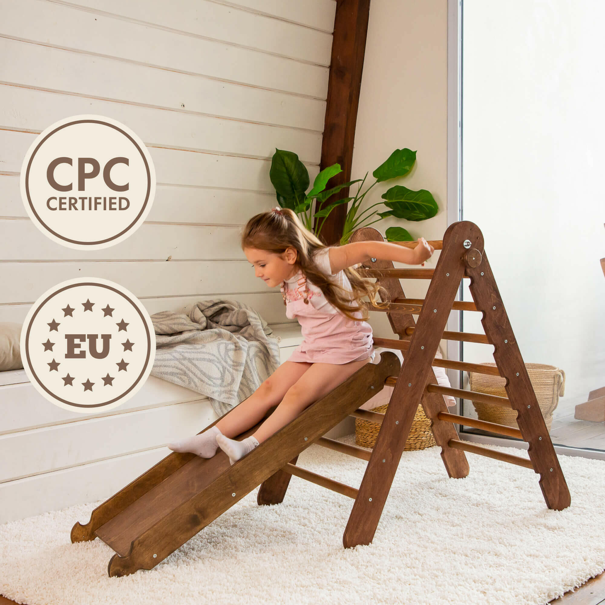 2in1 Montessori Climbing Frame Set: Triangle Ladder + Slide Board/Ramp – Chocolate 2in1 Playsets Goodevas