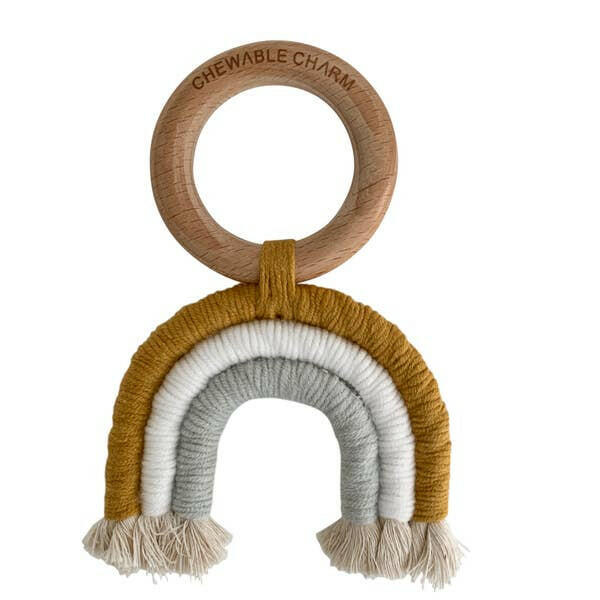 Rainbow Macrame Teether Baby Essentials Chewable Charm Mustard + Grey