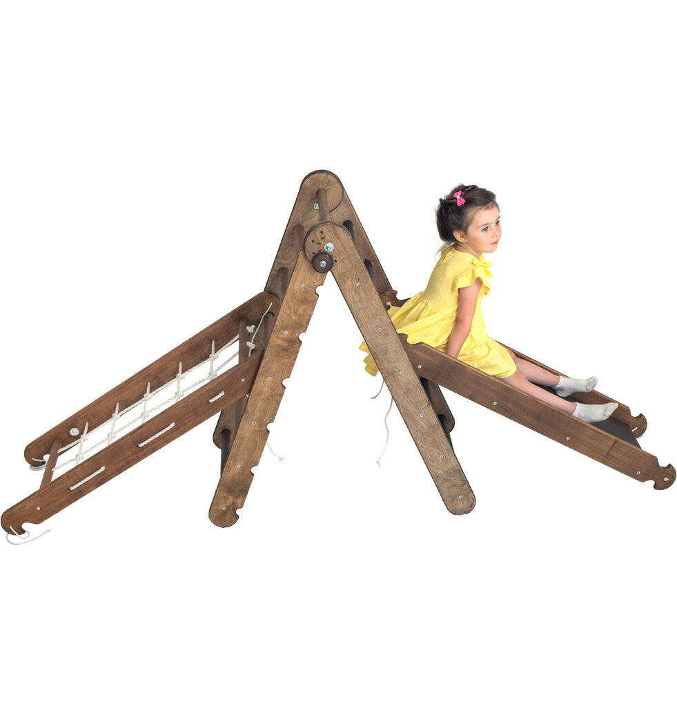3in1 Montessori Climbing Frame Set: Triangle Ladder + Slide Board/Ramp + Net – Chocolate 3in1 Playsets Goodevas Default Title