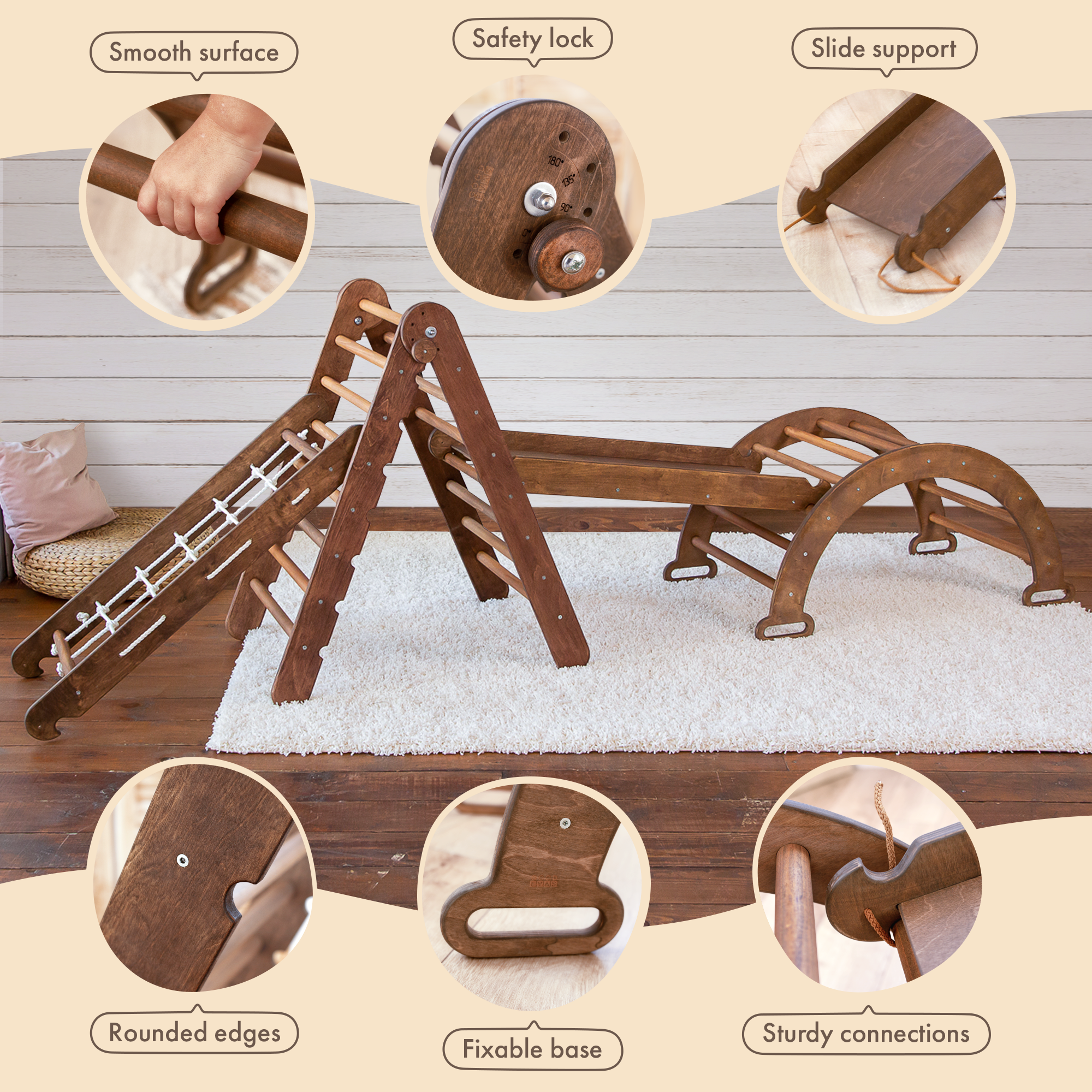 4in1 Montessori Climbing Set: Triangle Ladder + Arch/Rocker + Slide Board/Ramp + Net – Chocolate 4in1 Playsets Goodevas