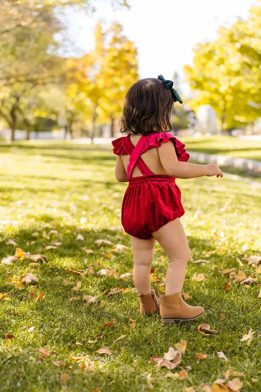 Emmy Romper in Ruby Velvet Ollie Jay