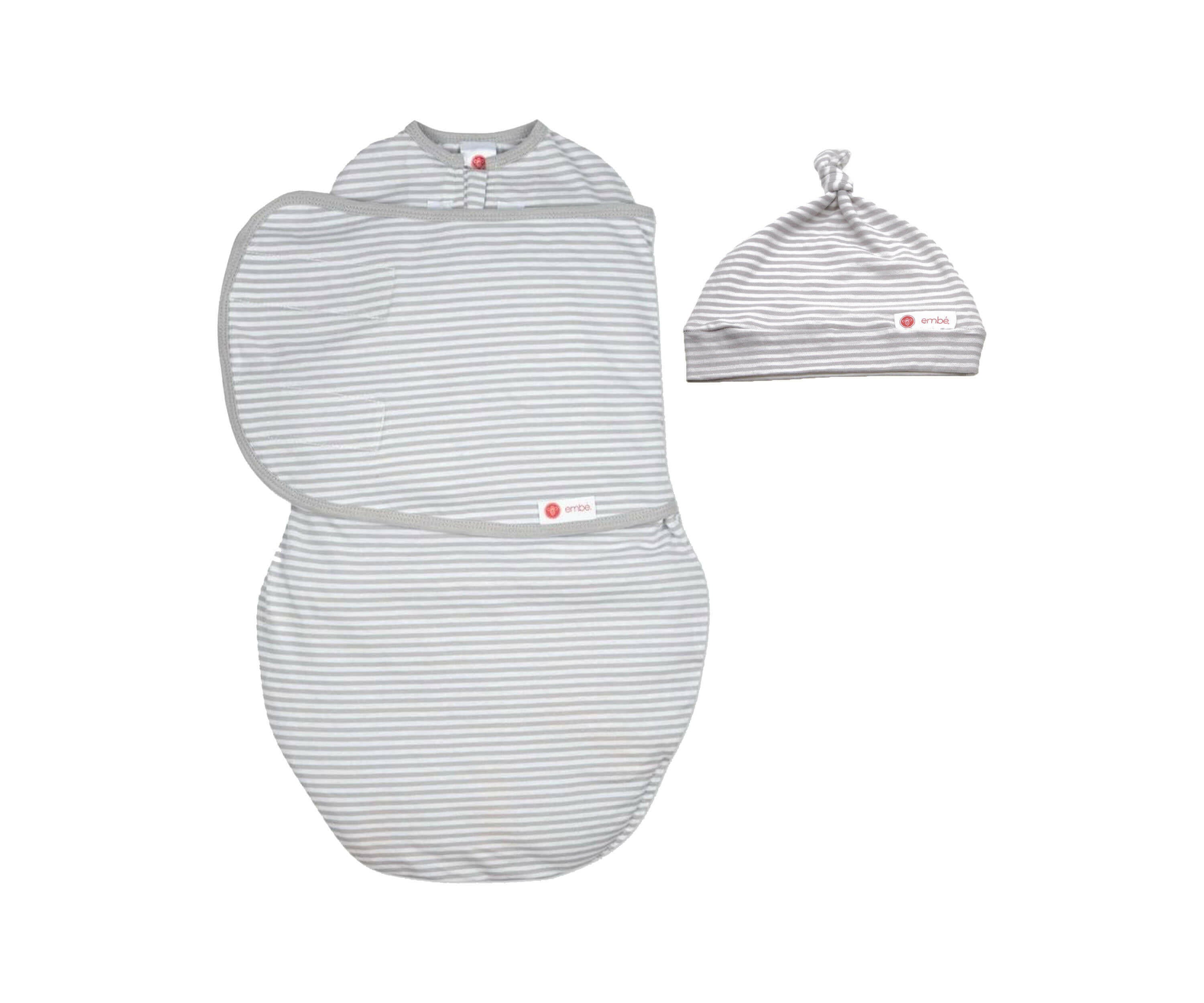 Hat + Swaddle Wrap Bundle Swaddling Blankets embé® Grey Stripe Newborn (6-14lbs)