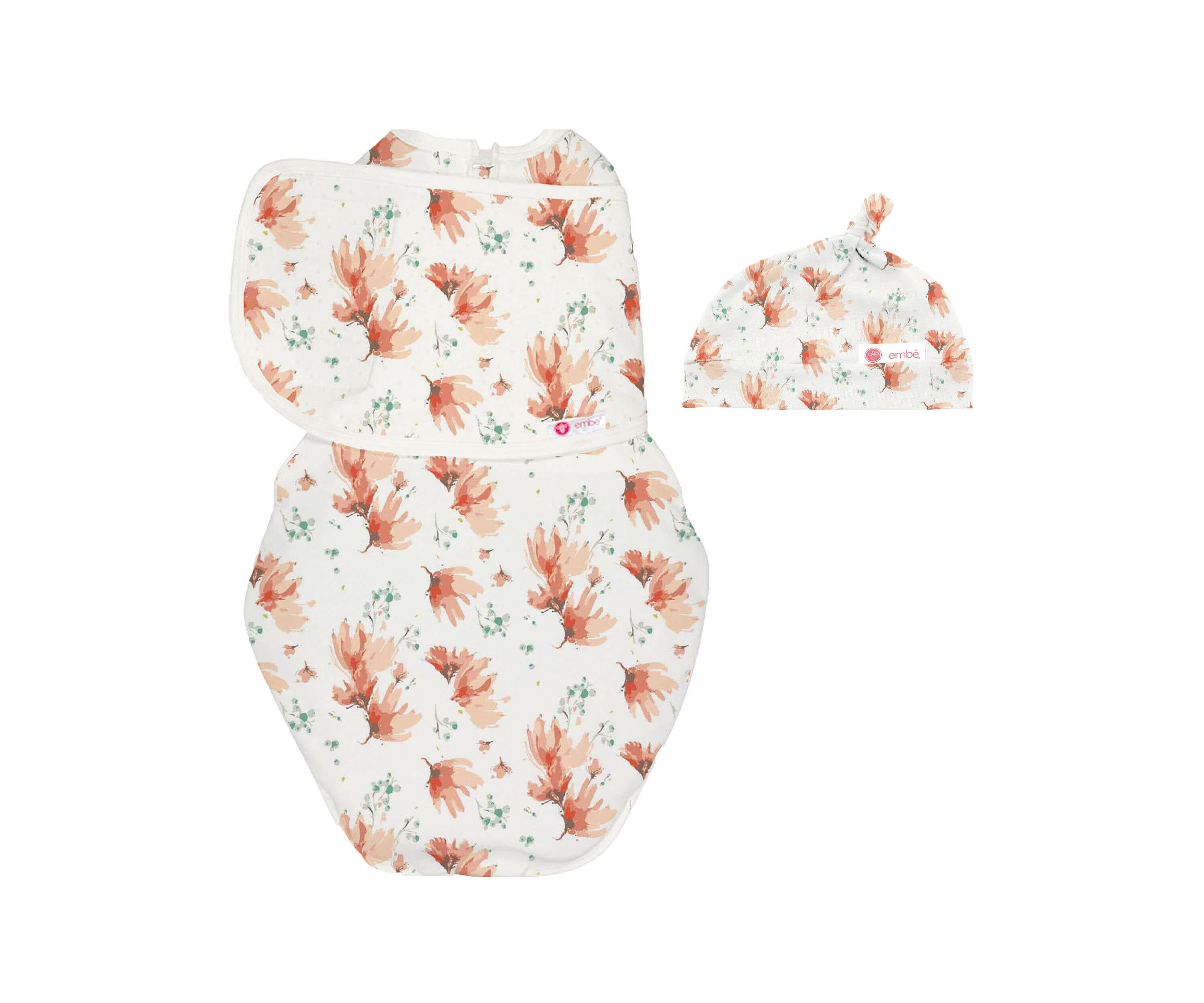 Hat + Swaddle Wrap Bundle Swaddling Blankets embé® Blush Blossom Newborn (6-14lbs)