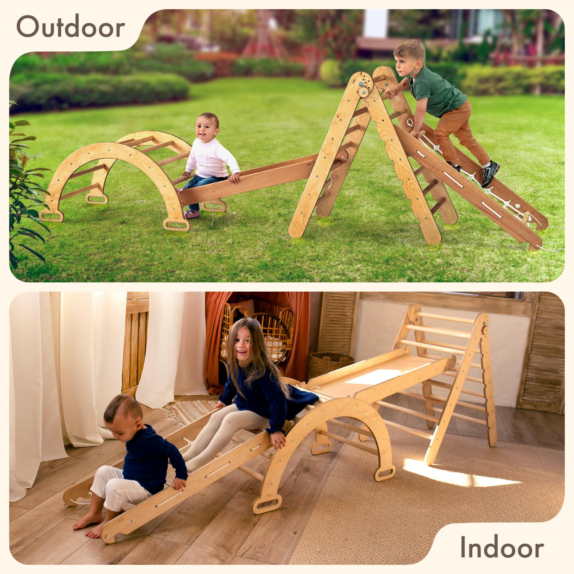 4in1 Montessori Climbing Frame Set: Triangle Ladder + Arch/Rocker + Slide Board/Ramp + Netting rope 4in1 Playsets Goodevas