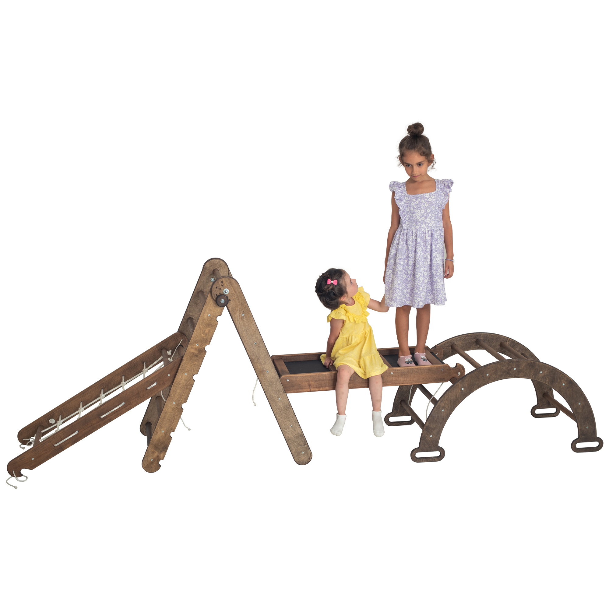 4in1 Montessori Climbing Frame Set: Triangle Ladder + Arch/Rocker + Slide Board/Ramp + Netting rope 4in1 Playsets Goodevas Chocolate
