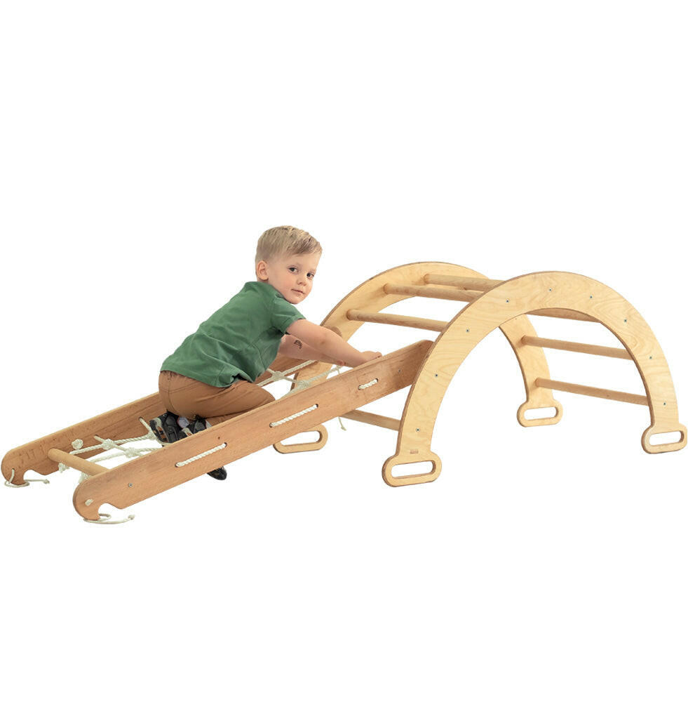 2in1 Montessori Climbing Frame Set: Arch/Rocker Balance + Net – Chocolate 2in1 Playsets Goodevas Beige